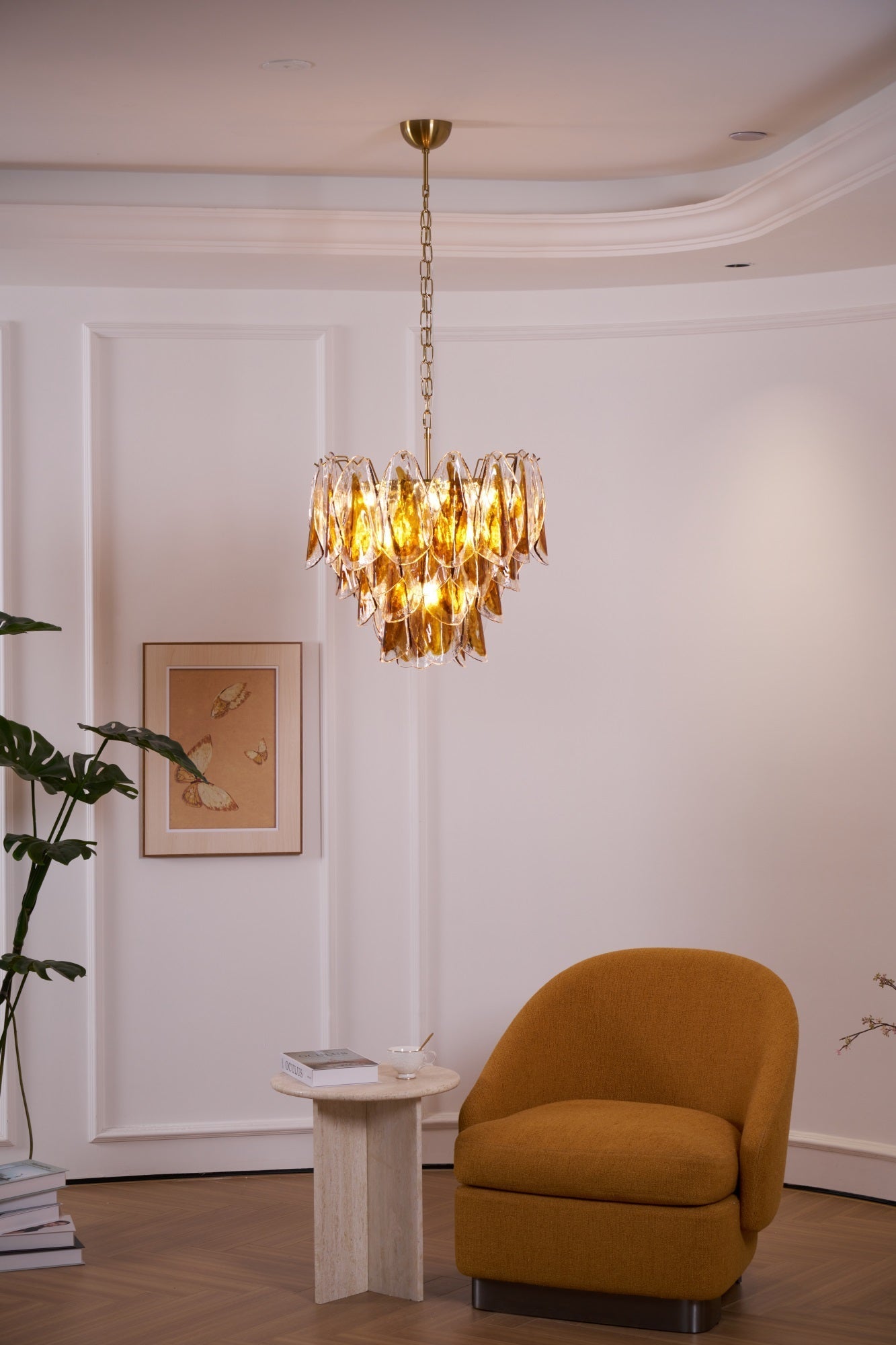 Aurora Chandelier Amber Leaf Glass Layered Organic Warmth-Neutral Decor