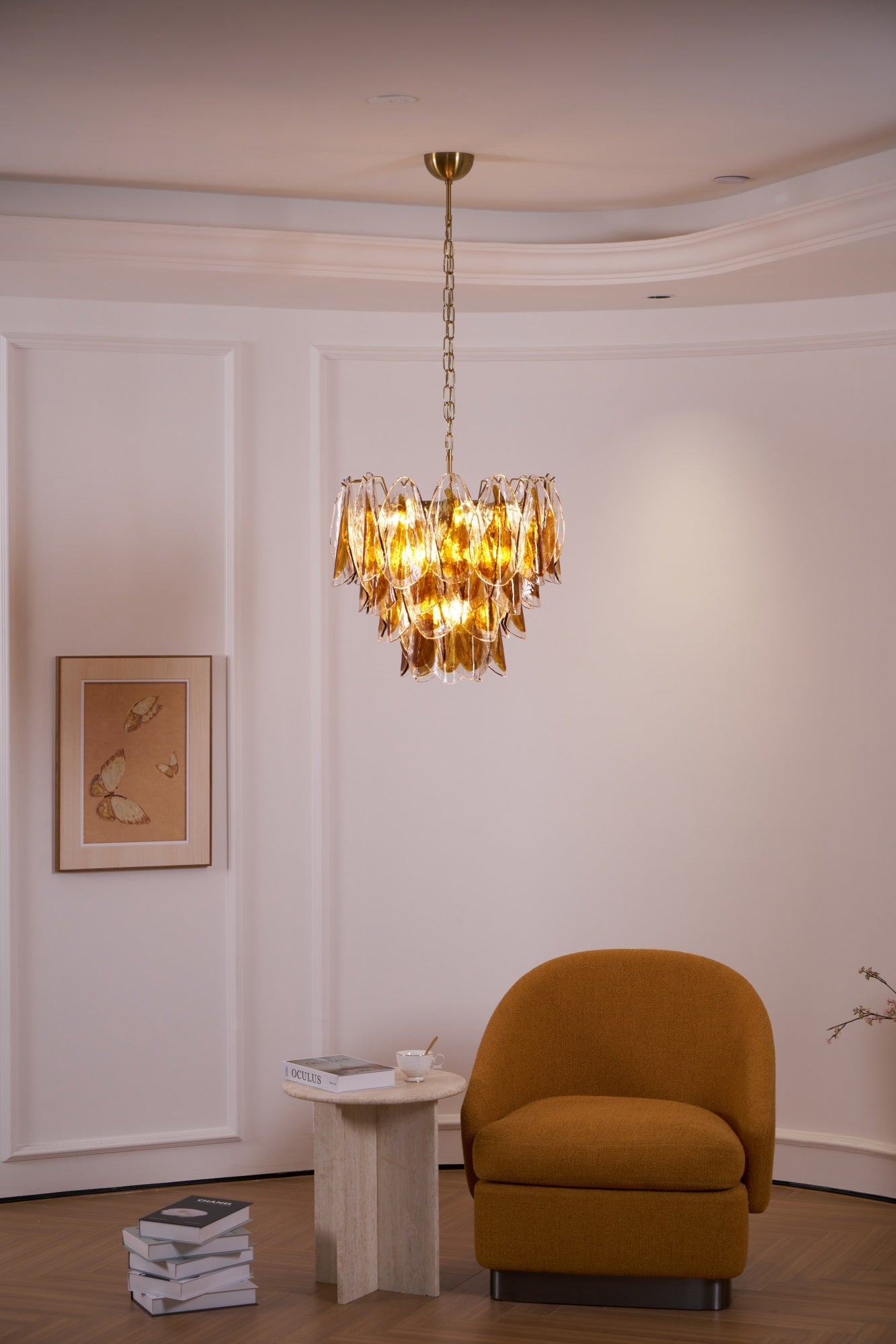 Aurora Chandelier Amber Leaf Glass Layered Organic Warmth-Neutral Decor