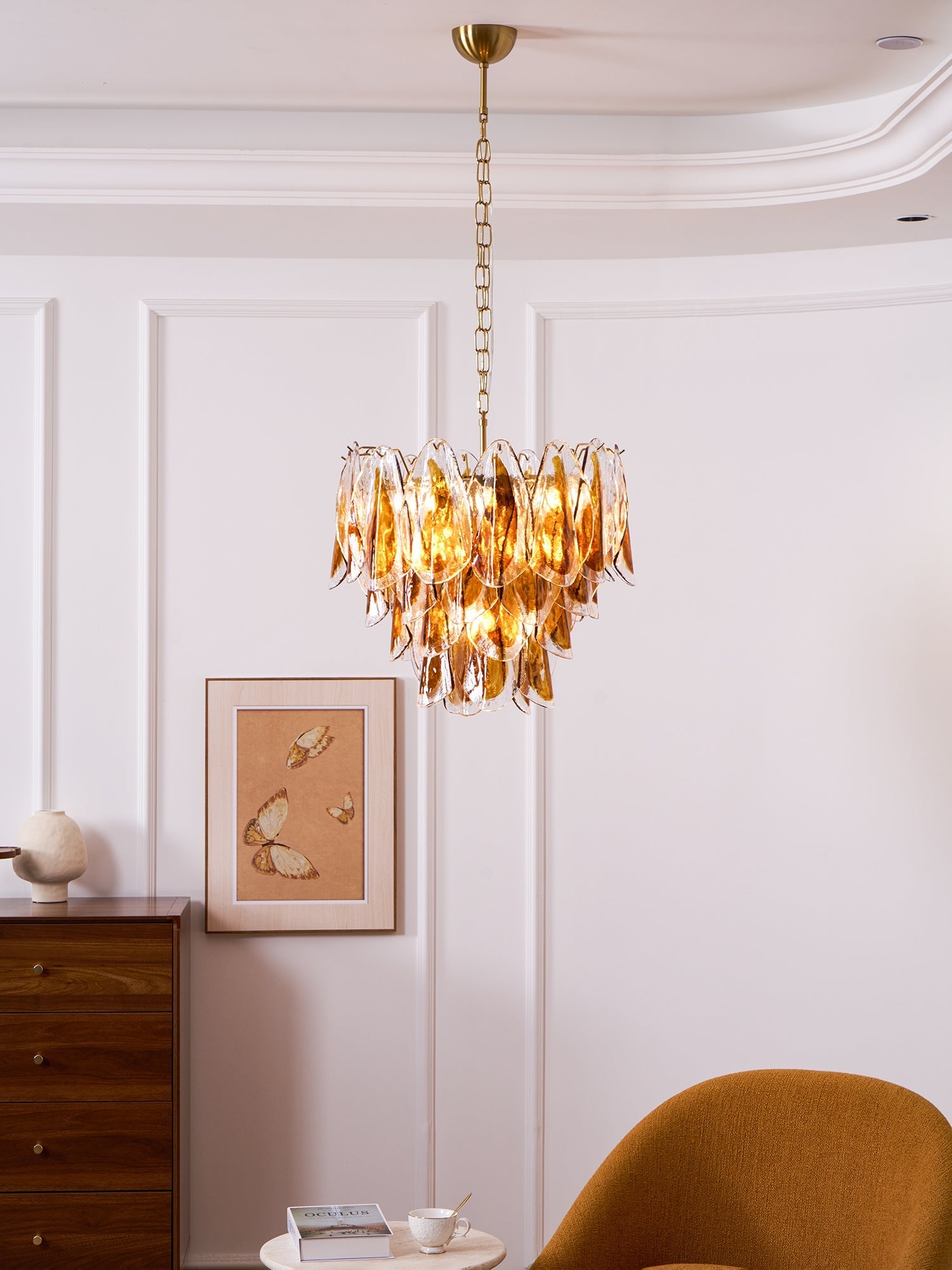 Aurora Chandelier Amber Leaf Glass Layered Organic Warmth-Neutral Decor