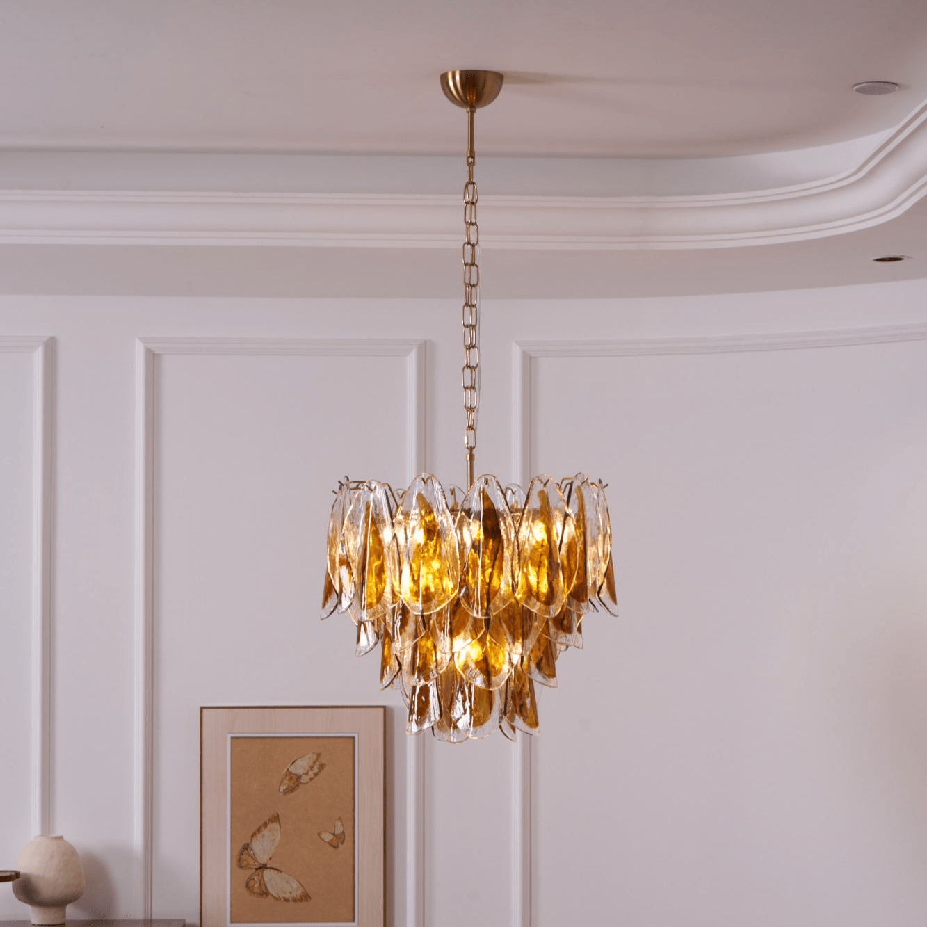 Aurora Chandelier Amber Leaf Glass Layered Organic Warmth-Neutral Decor