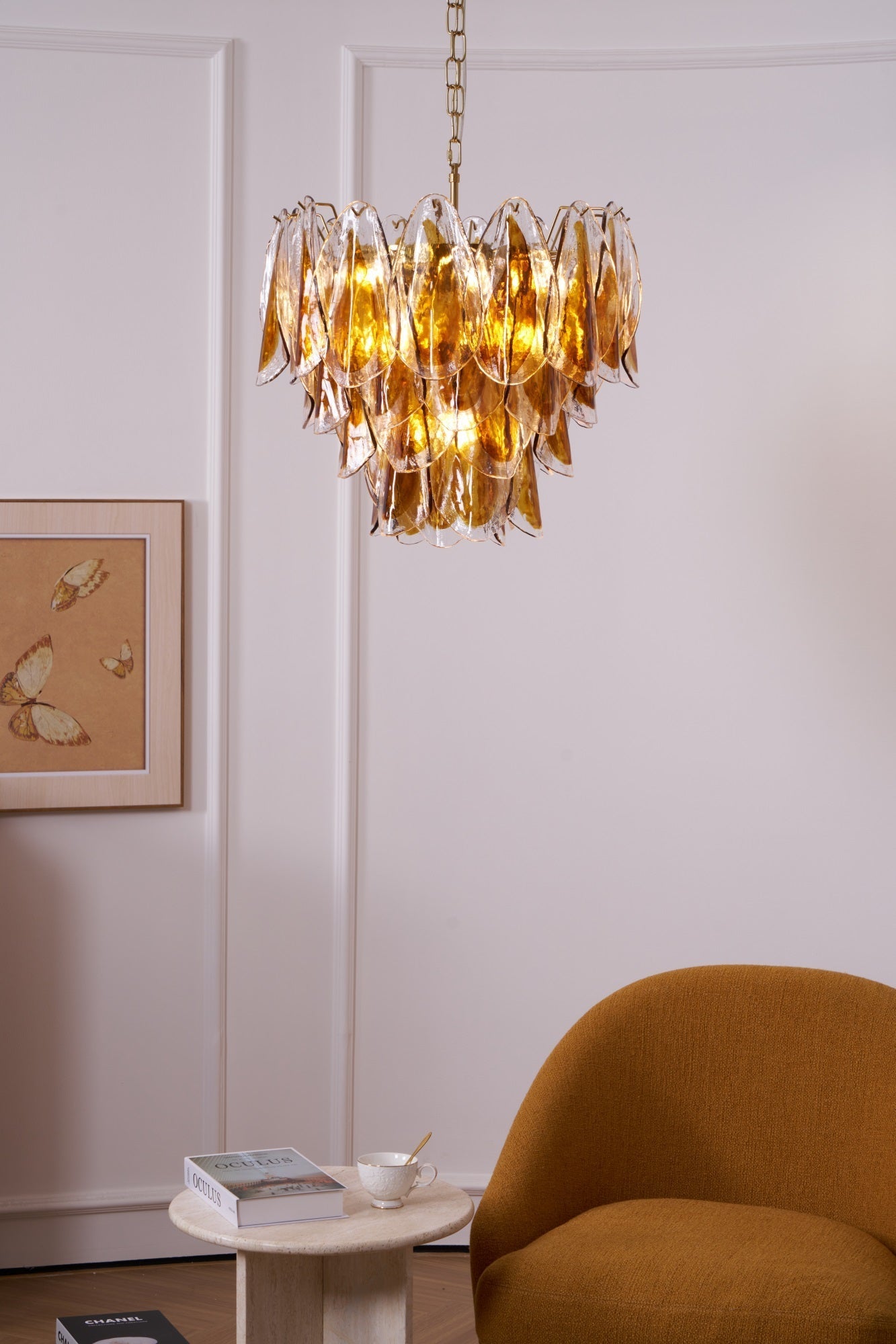Aurora Chandelier Amber Leaf Glass Layered Organic Warmth-Neutral Decor