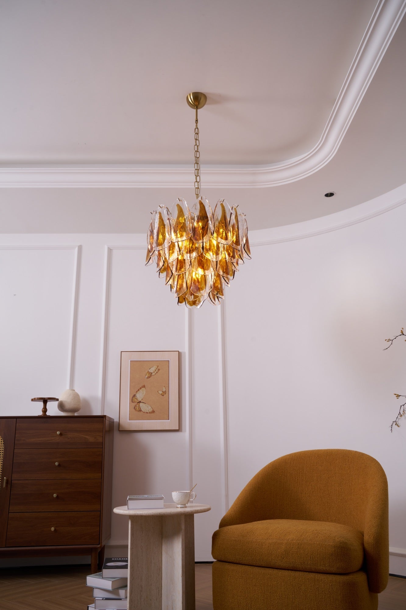 Aurora Chandelier Amber Leaf Glass Layered Organic Warmth-Neutral Decor