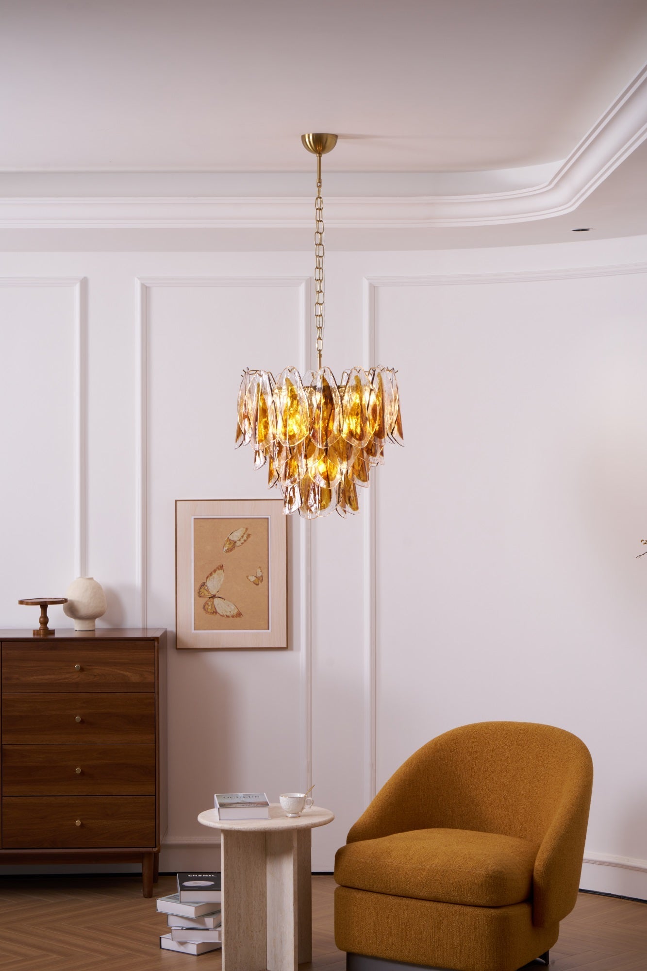 Aurora Chandelier Amber Leaf Glass Layered Organic Warmth-Neutral Decor