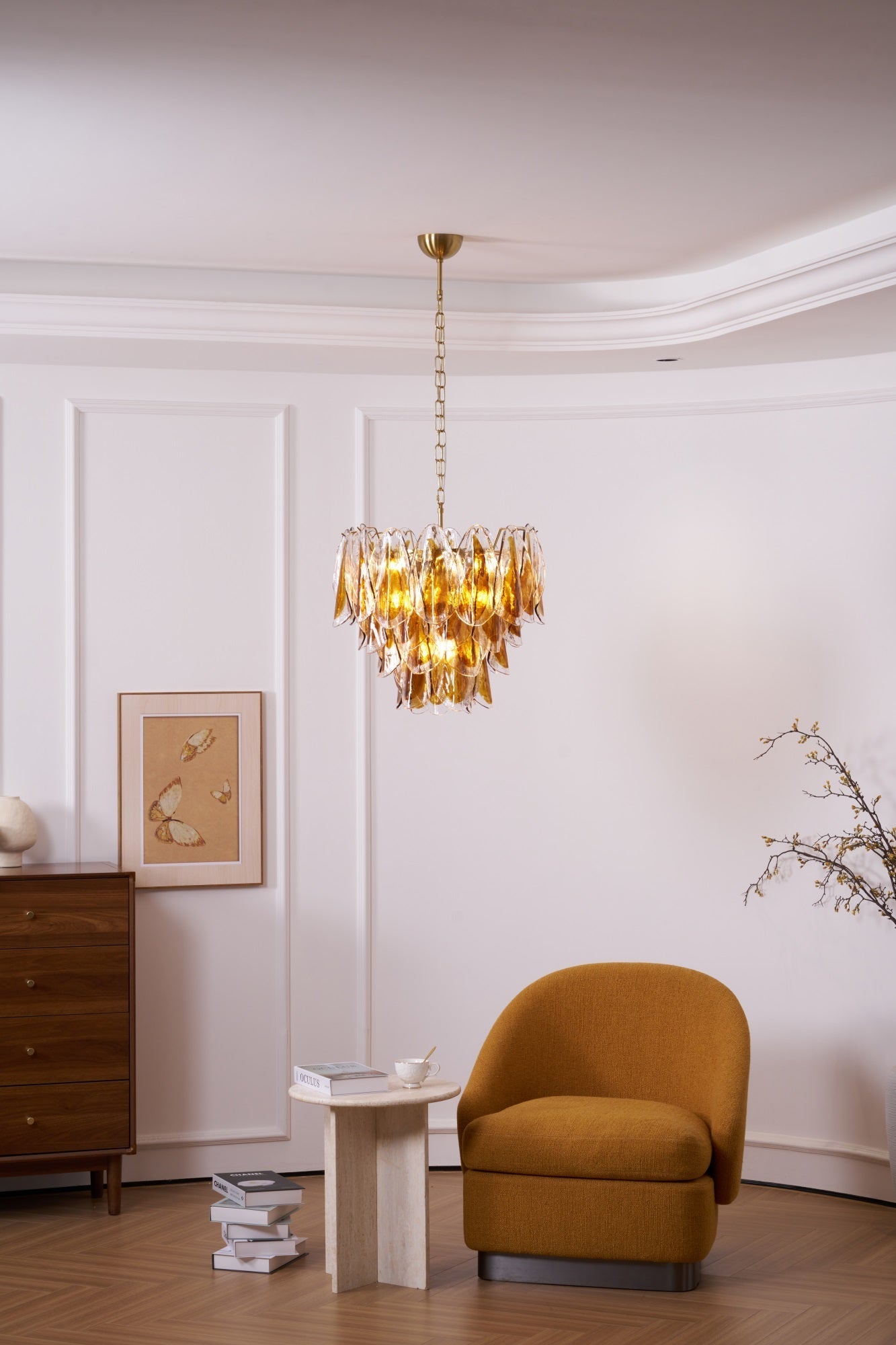 Aurora Chandelier Amber Leaf Glass Layered Organic Warmth-Neutral Decor