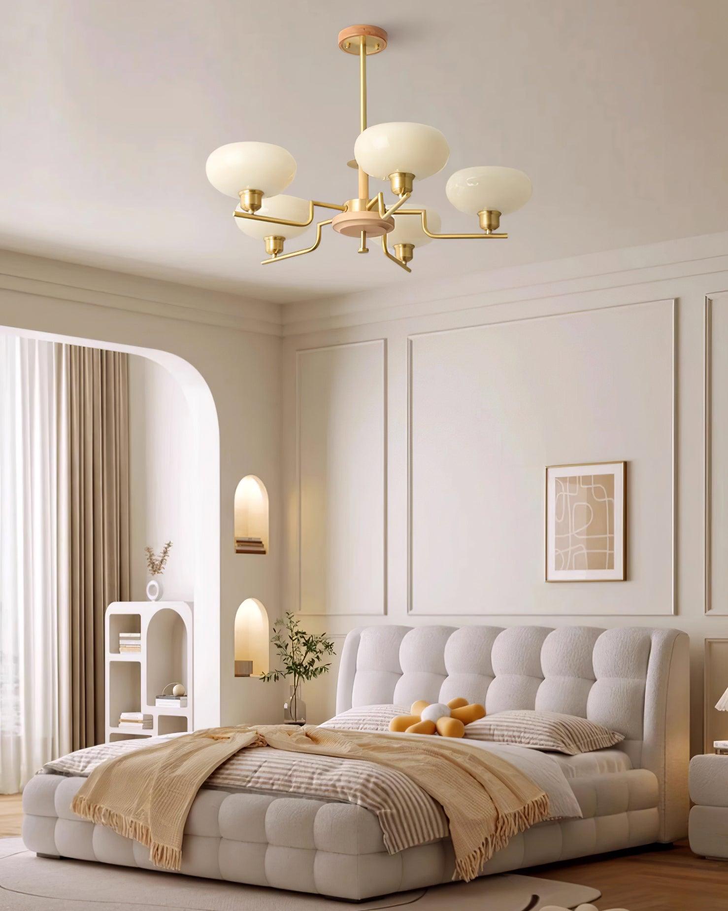 Chandelier Wood & Brass Frame Glass Shades Medieval Ambience