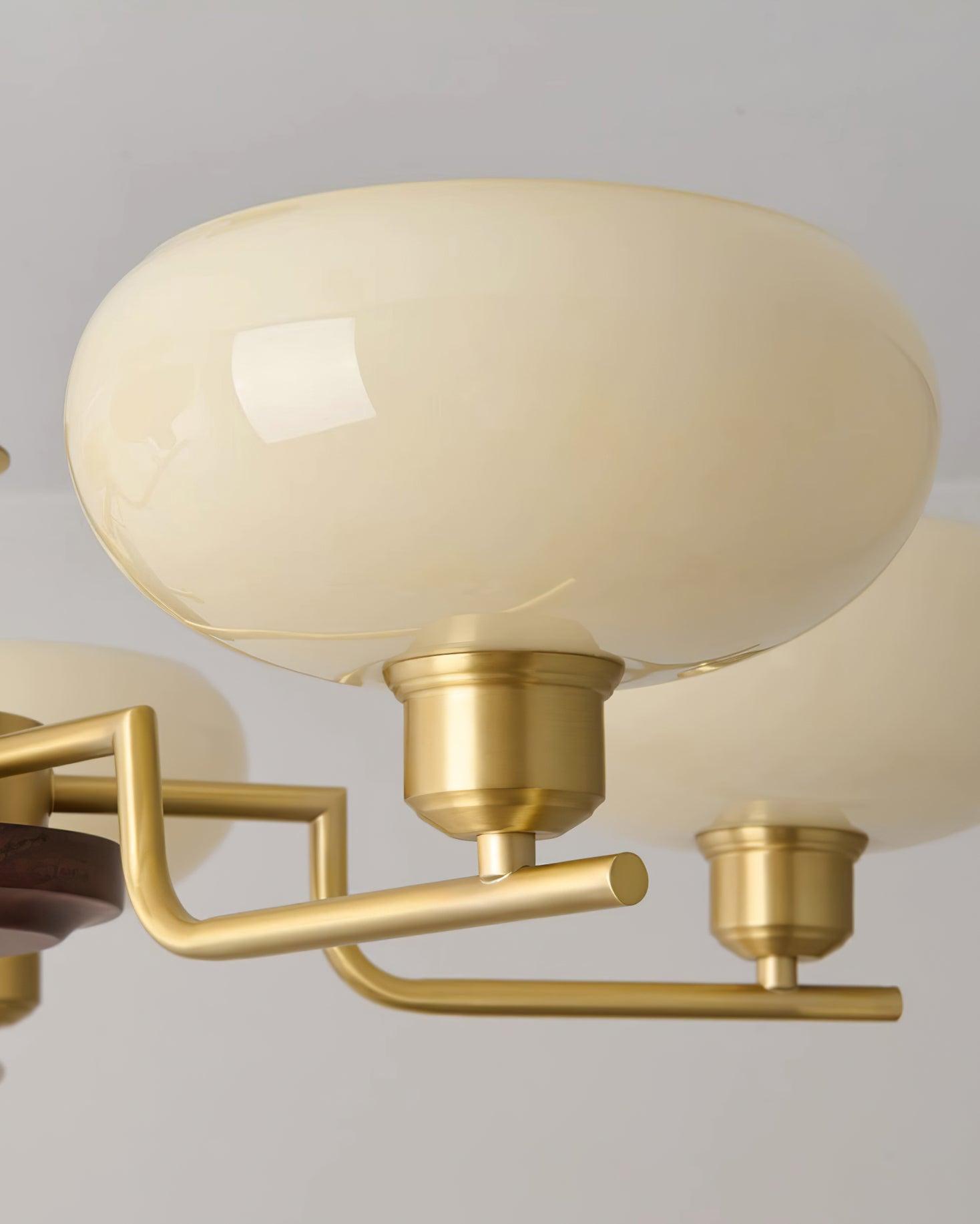 Chandelier Wood & Brass Frame Glass Shades Medieval Ambience
