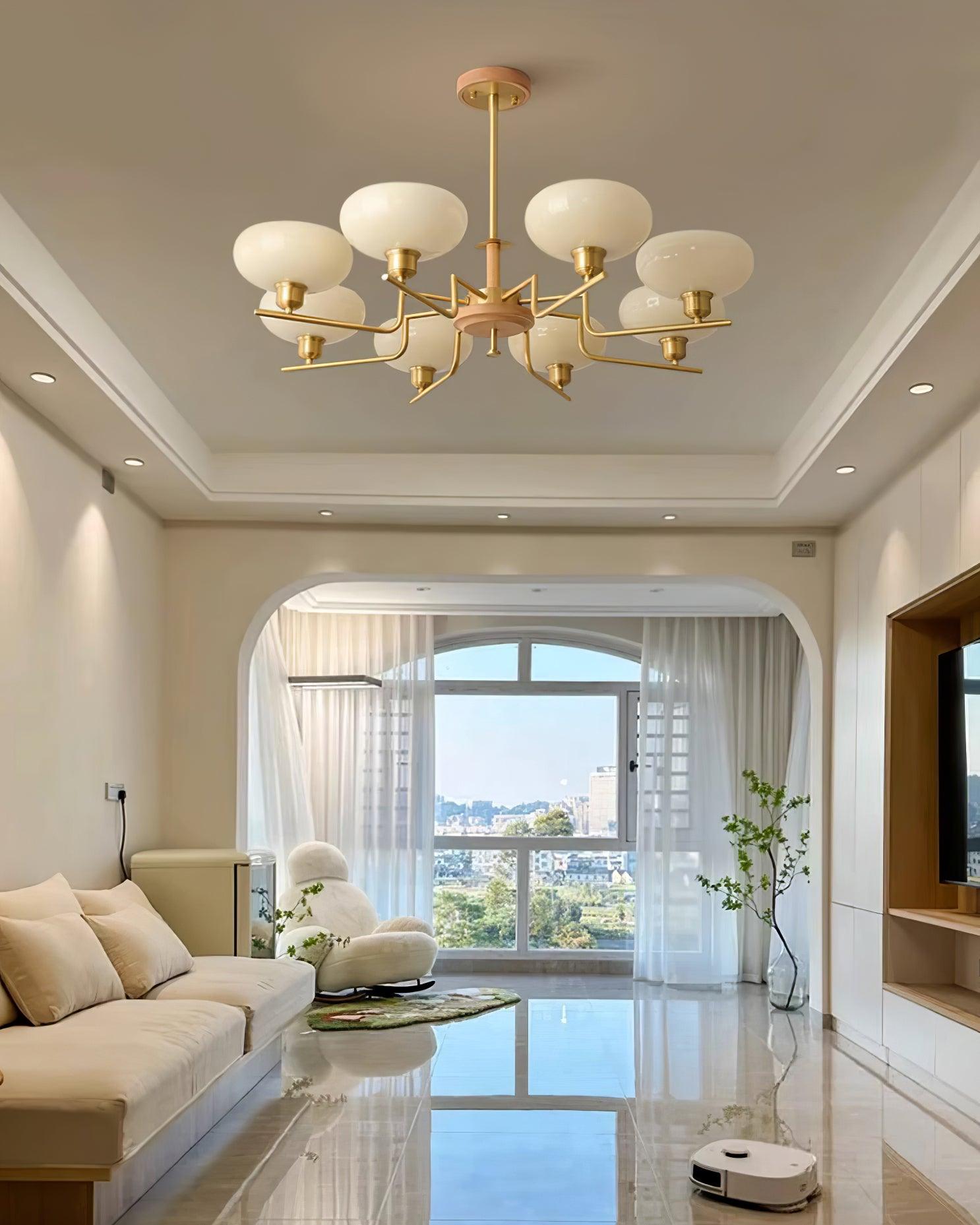 Chandelier Wood & Brass Frame Glass Shades Medieval Ambience