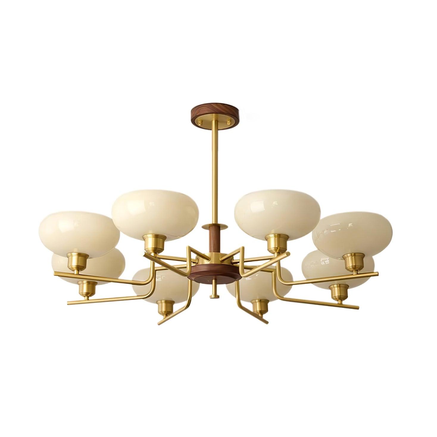 Chandelier Wood & Brass Frame Glass Shades Medieval Ambience
