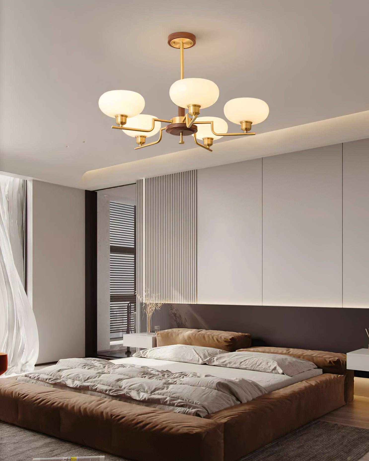Chandelier Wood & Brass Frame Glass Shades Medieval Ambience