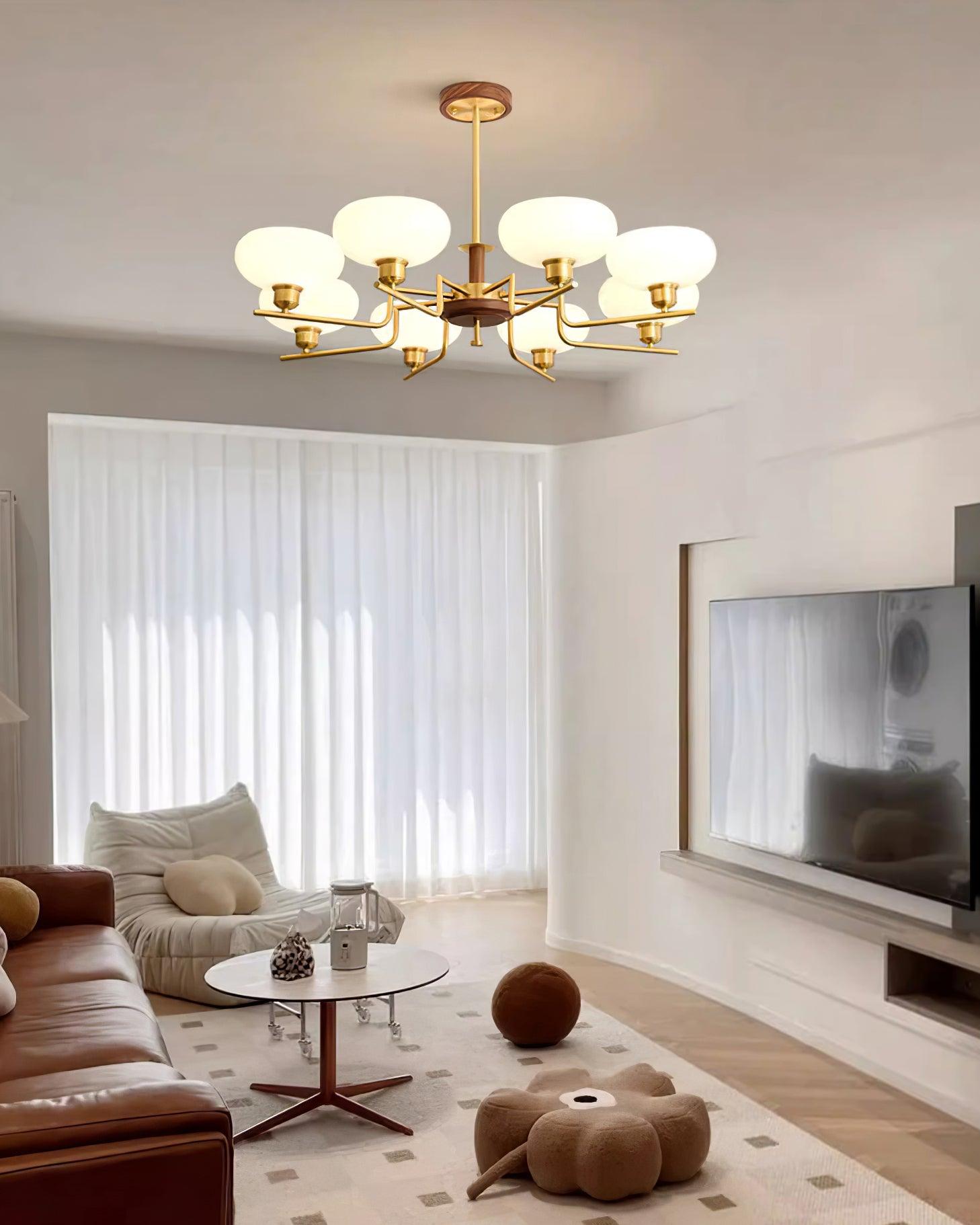 Chandelier Wood & Brass Frame Glass Shades Medieval Ambience