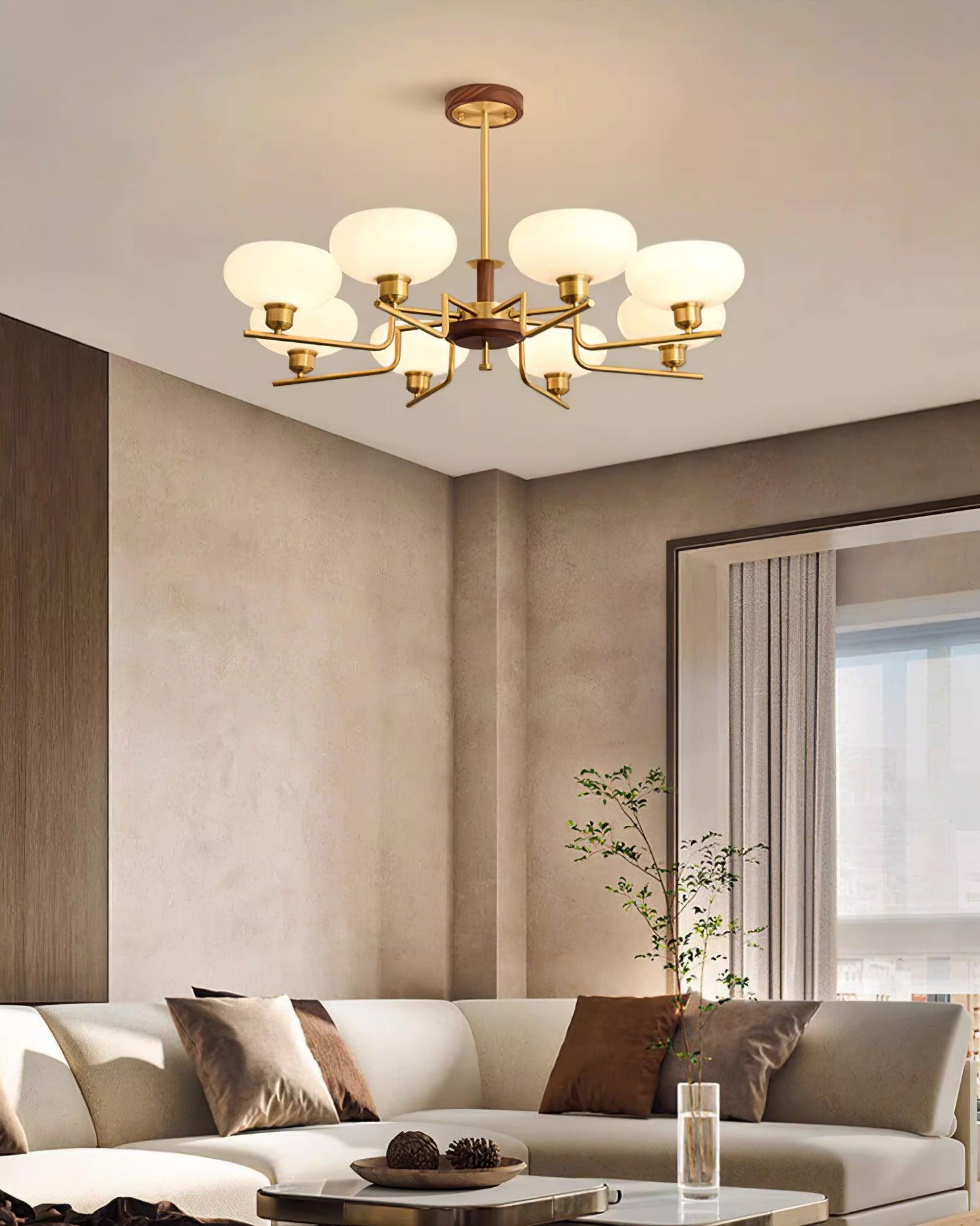 Chandelier Wood & Brass Frame Glass Shades Medieval Ambience