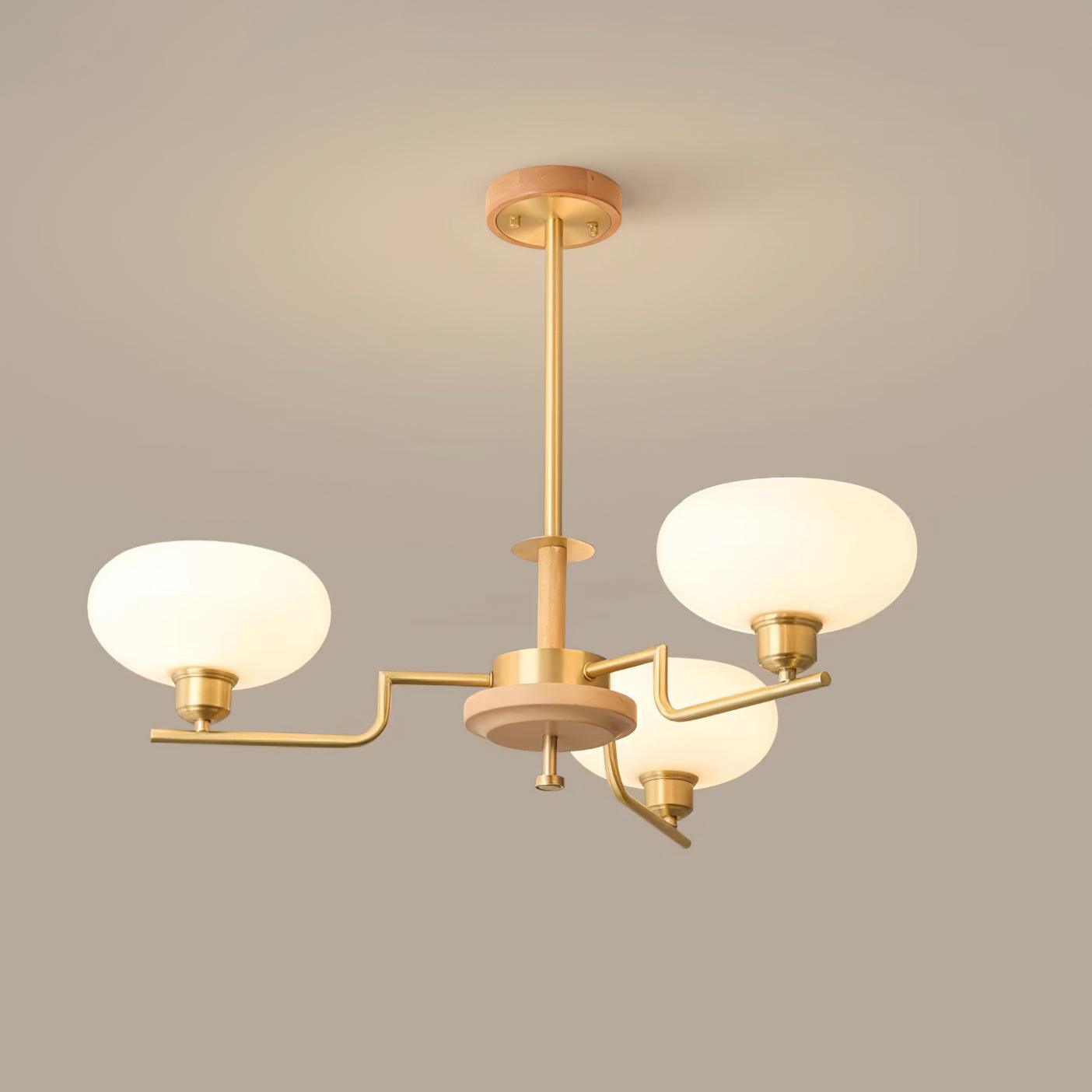 Chandelier Wood & Brass Frame Glass Shades Medieval Ambience