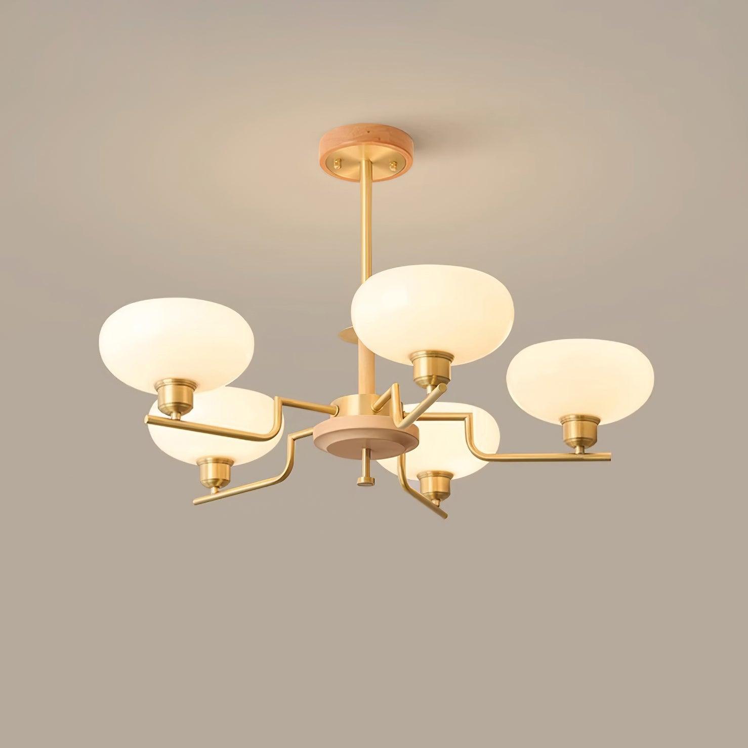 Chandelier Wood & Brass Frame Glass Shades Medieval Ambience