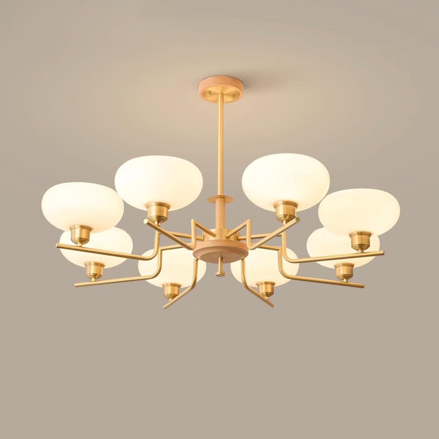 Chandelier Wood & Brass Frame Glass Shades Medieval Ambience