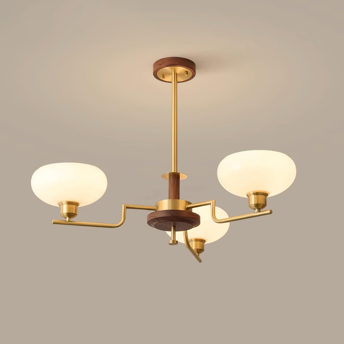 Chandelier Wood & Brass Frame Glass Shades Medieval Ambience