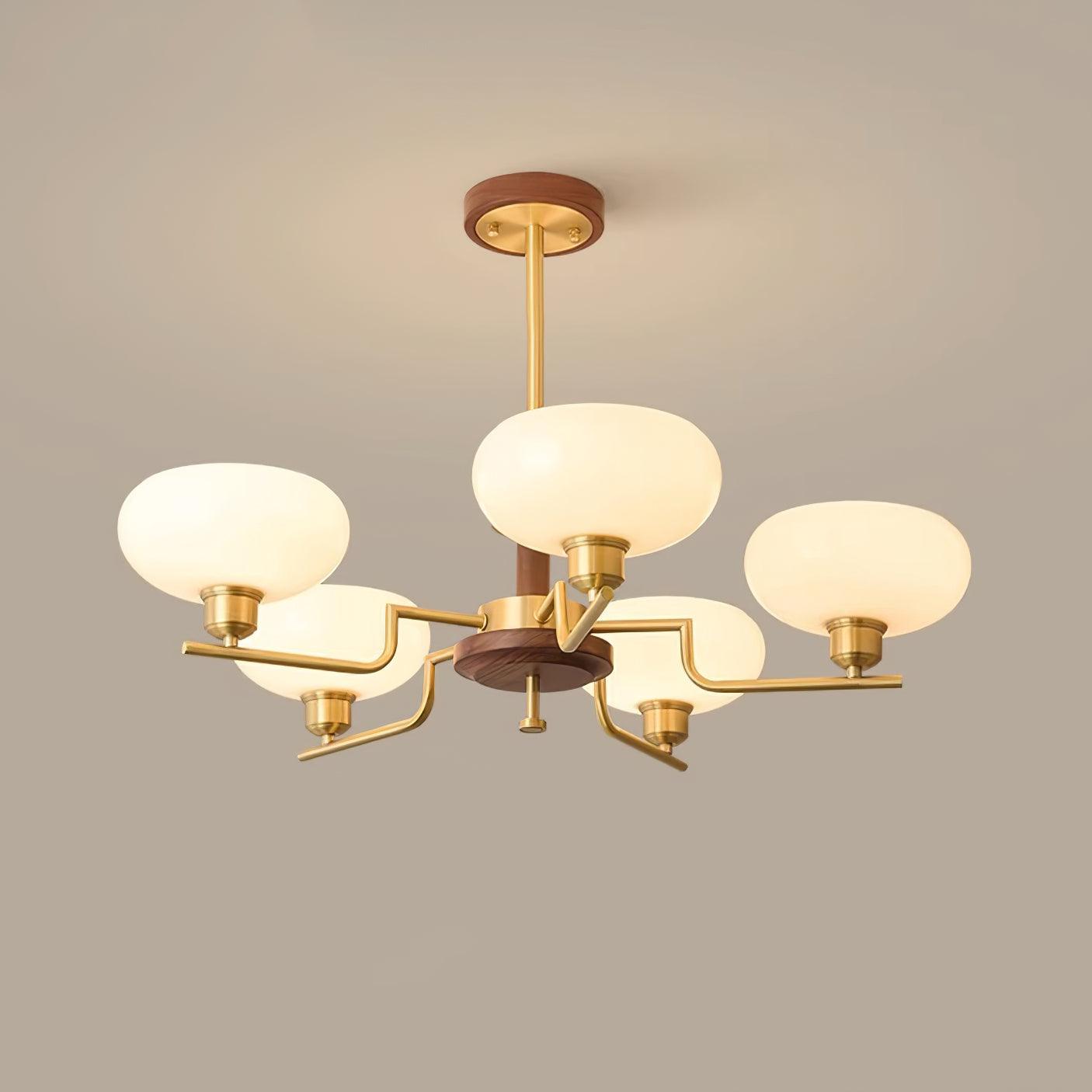 Chandelier Wood & Brass Frame Glass Shades Medieval Ambience