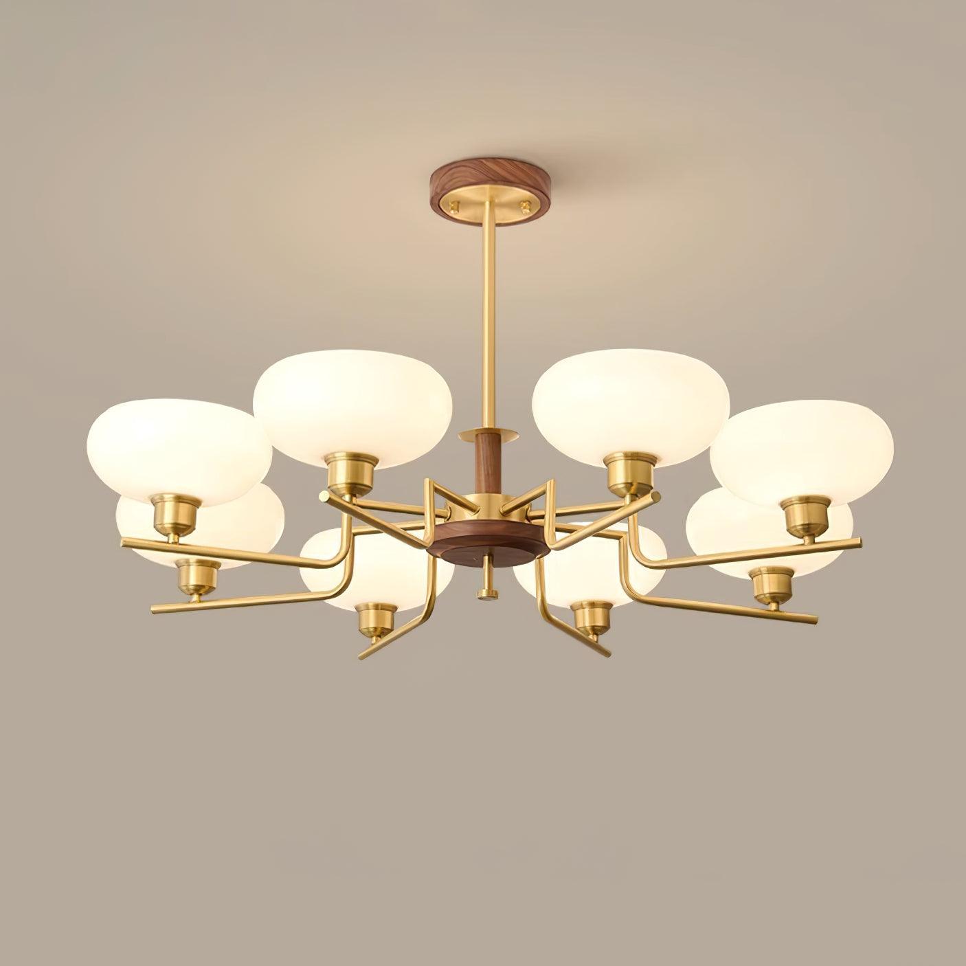 Chandelier Wood & Brass Frame Glass Shades Medieval Ambience