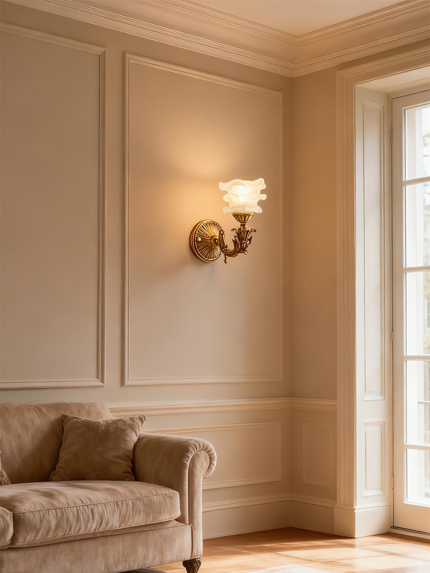 The Darwin Wall Lamp illuminated, casting a soft, warm glow.