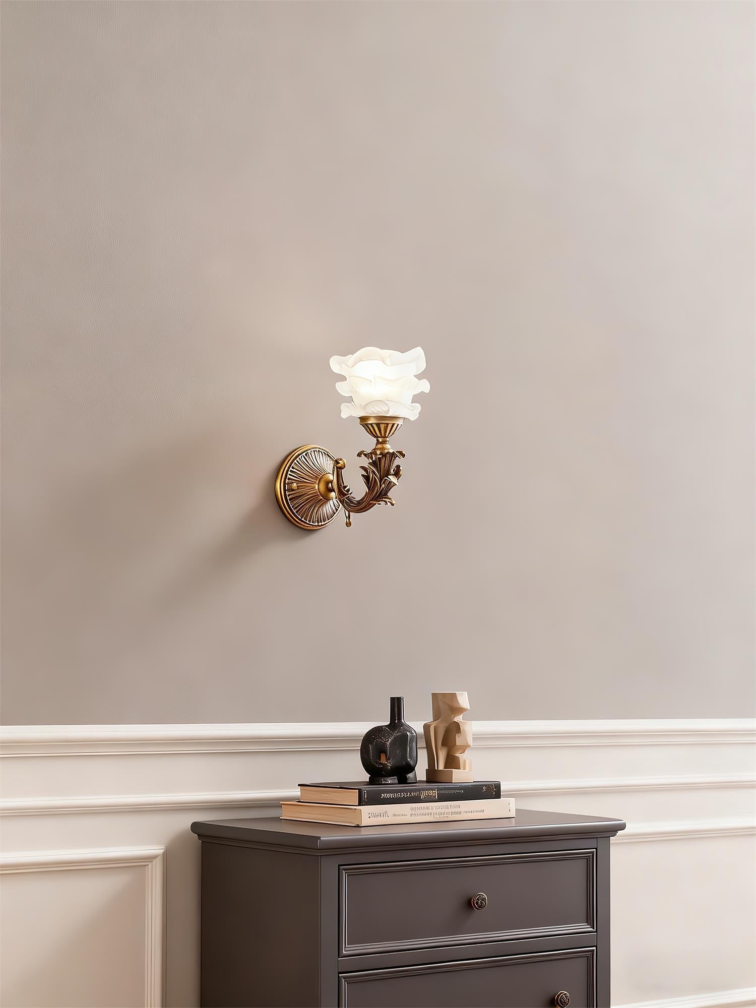 Detail shot of the antique brass finish on the lamp's body.