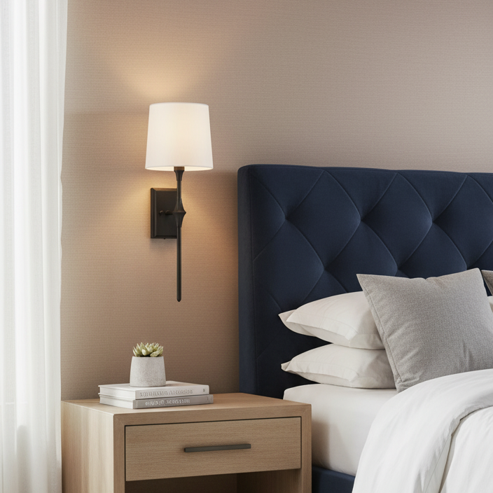 Close-up of the Dauphine Wall Sconce's white linen drum shade and aged brass stem.