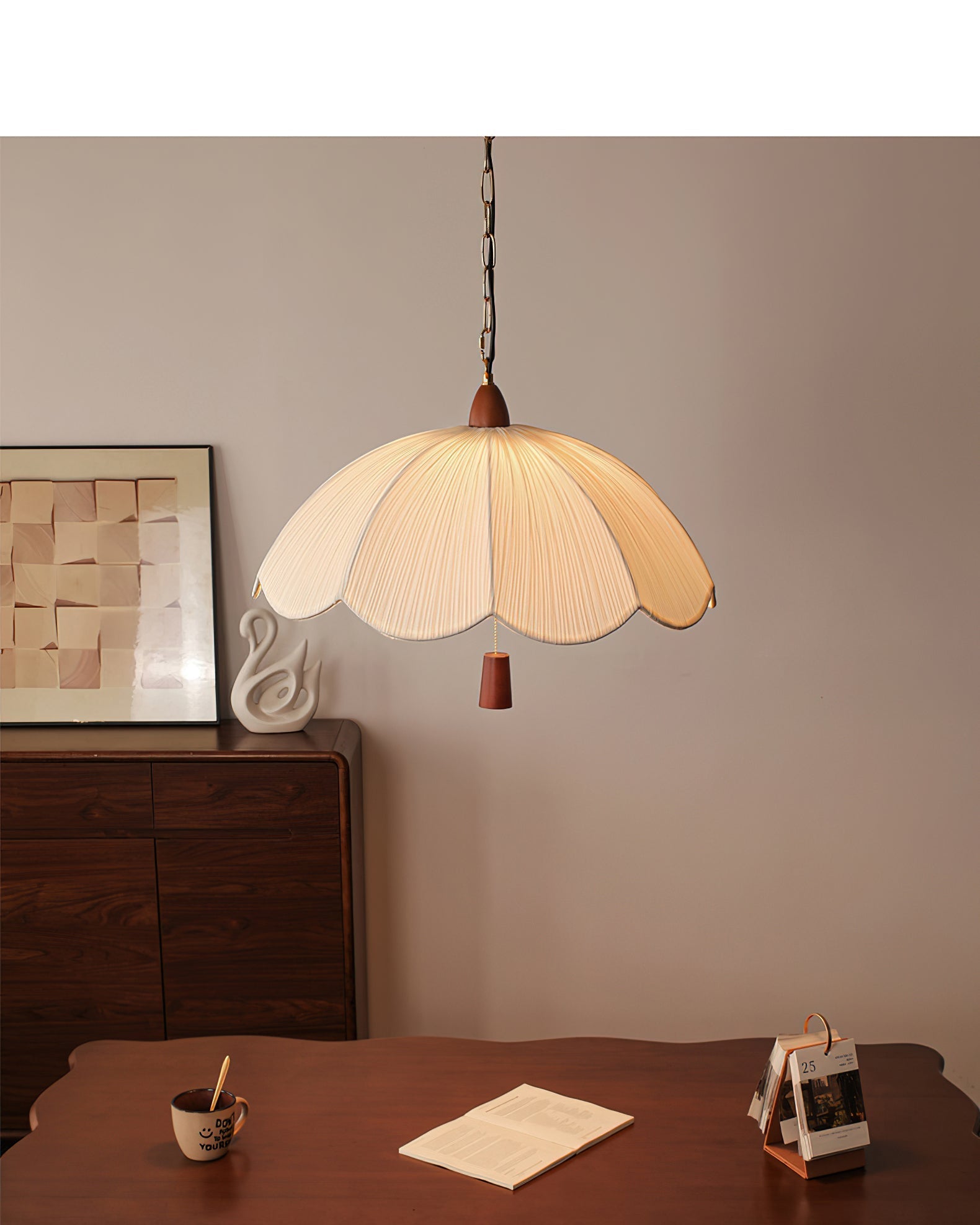 Close-up of the fabric texture and wood detail on the Dawson Pendant Light.