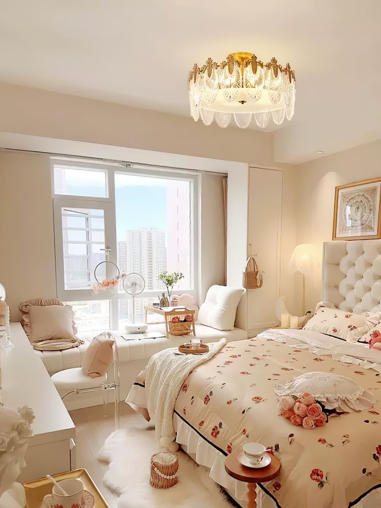 Lustra Chandelier Glass Petals Gold Frame Round-Neutral Decor