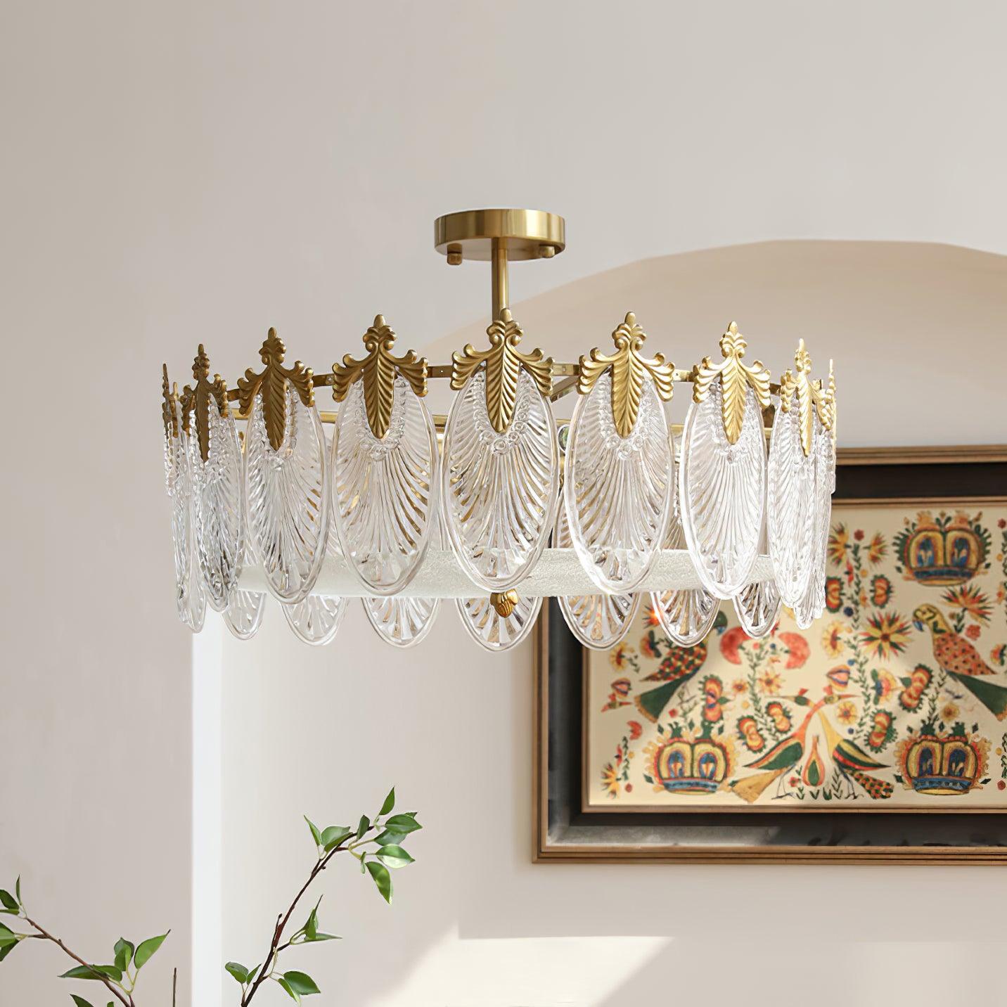 Lustra Chandelier Glass Petals Gold Frame Round-Neutral Decor