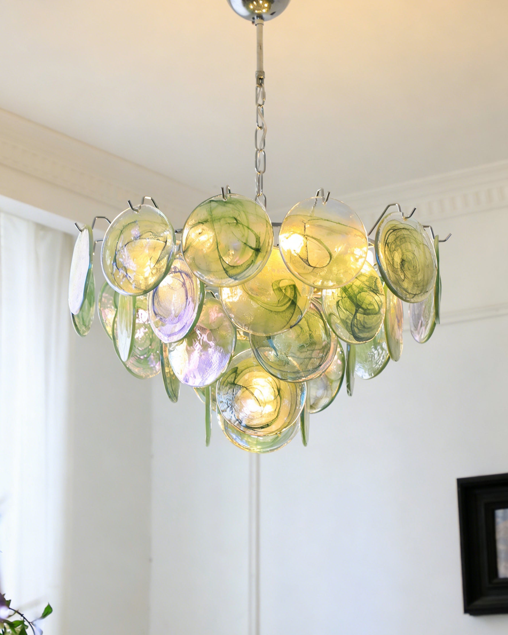 Side profile of the multi-tiered waterfall glass chandelier.