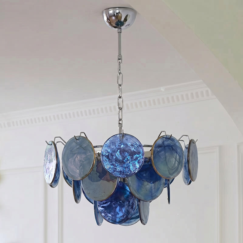 Unlit Brette chandelier showing the glass disk details.