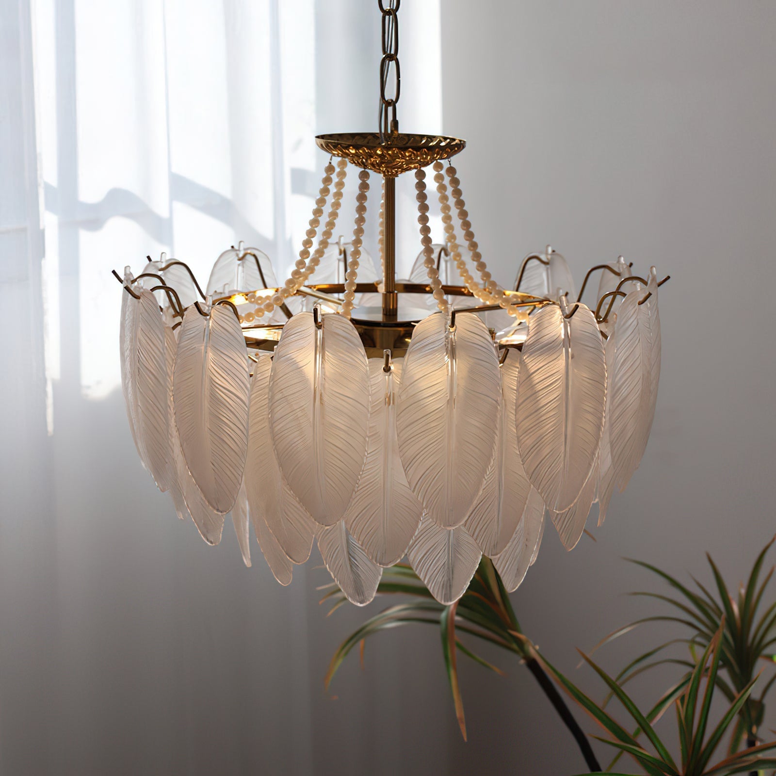 Full product view of the Antheia Feathered Glass Chandelier.