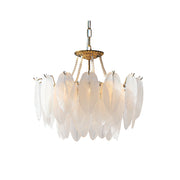 Antheia Feathered Glass Chandelier with a gold frame and white glass feathers.