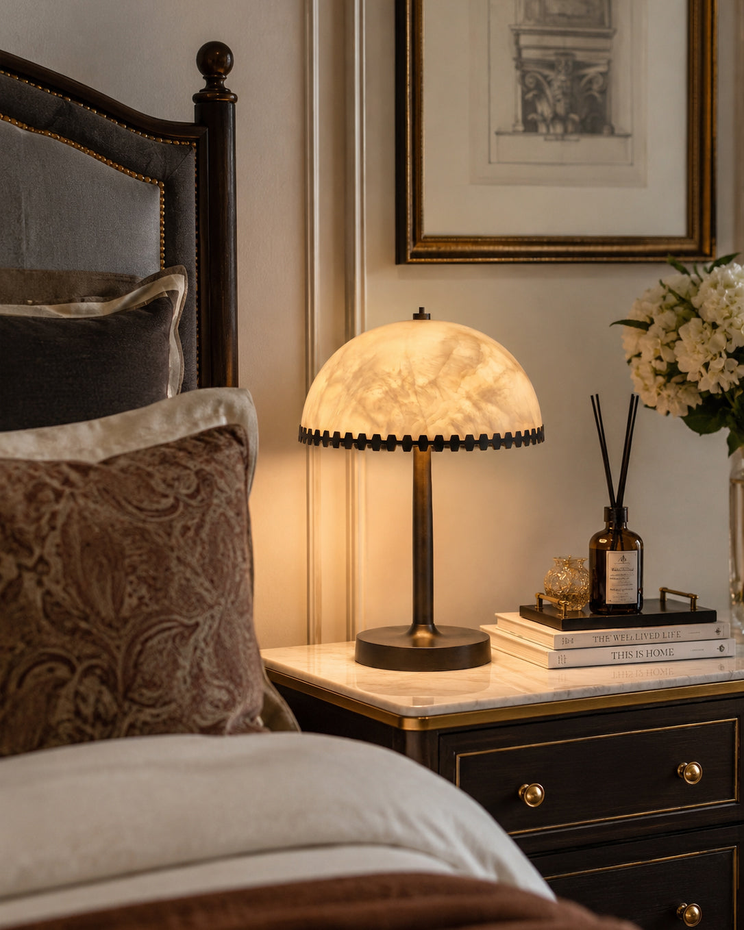 Side profile of the Bronson Dentil Alabaster Table Lamp.