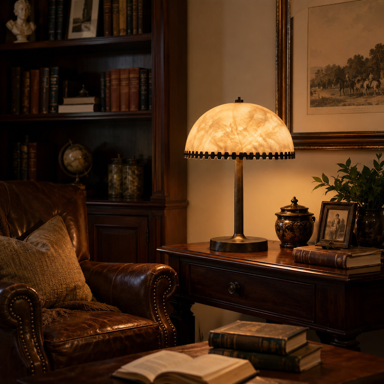 Angled view of the Bronson Dentil Alabaster Table Lamp.