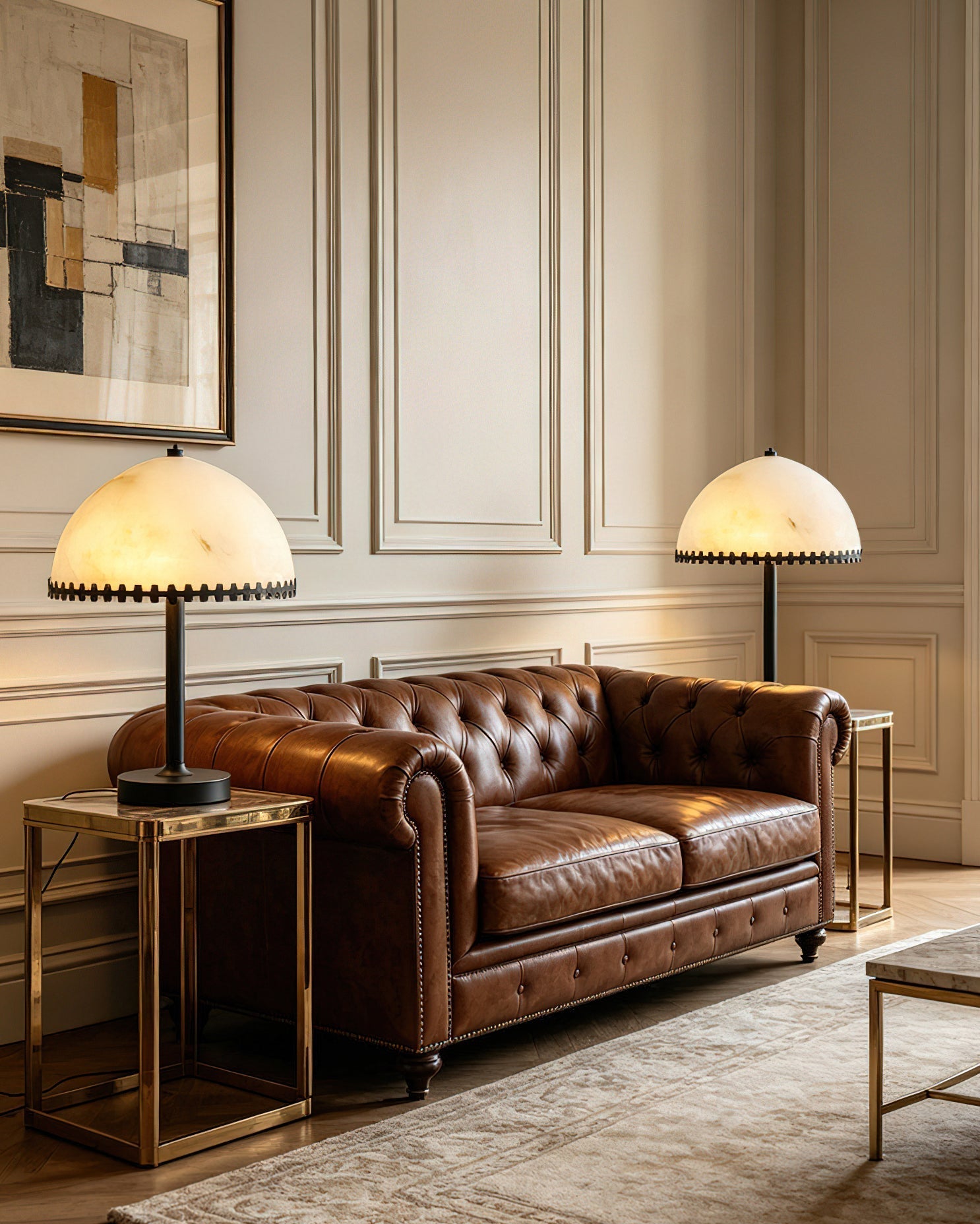 Another angle of the lamp on a wooden console table.