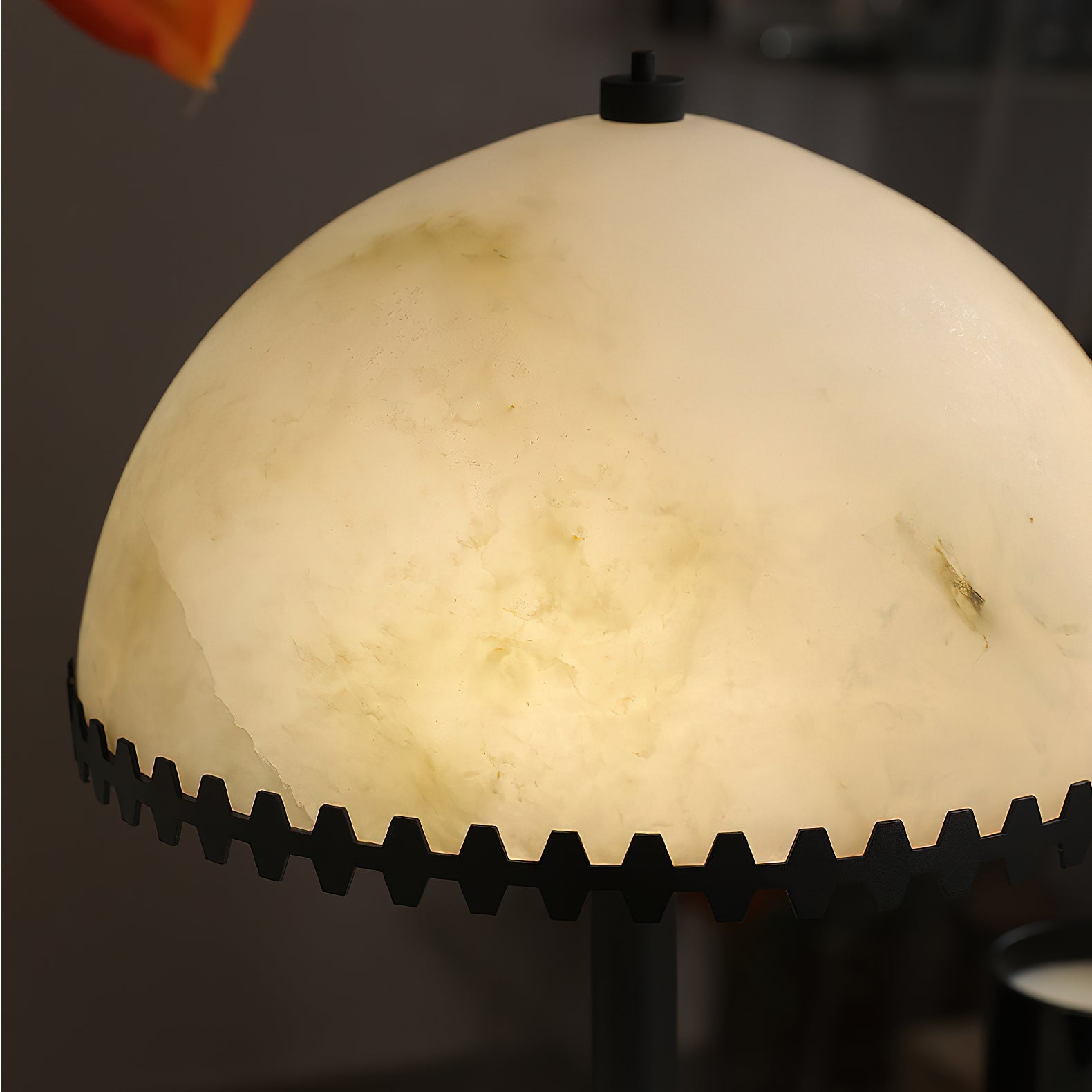 Lifestyle image showing the lamp next to a book and a plant.