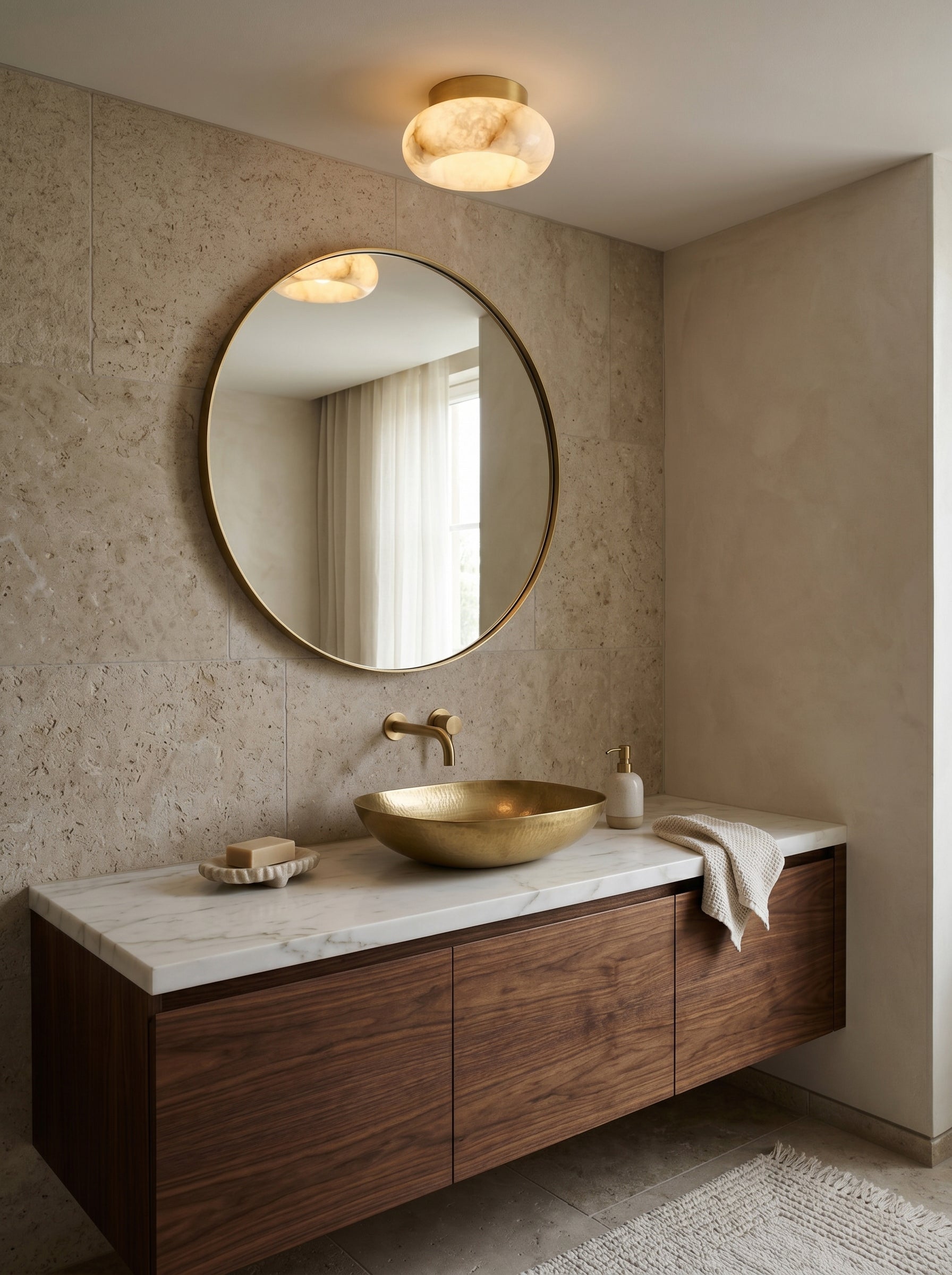 The flush mount lamp installed on a ceiling, casting a warm glow.