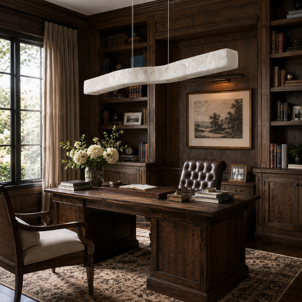 Close-up of the Camur chandelier showing the translucent alabaster and brass detail.