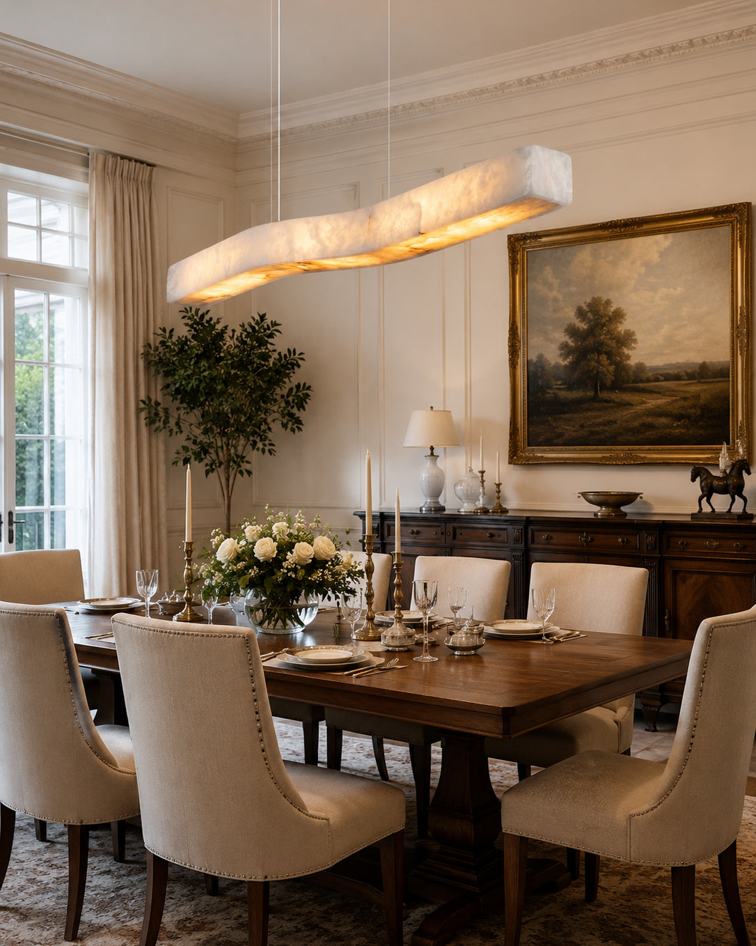 Side view of the slim profile of the Camur Linear Alabaster Chandelier.