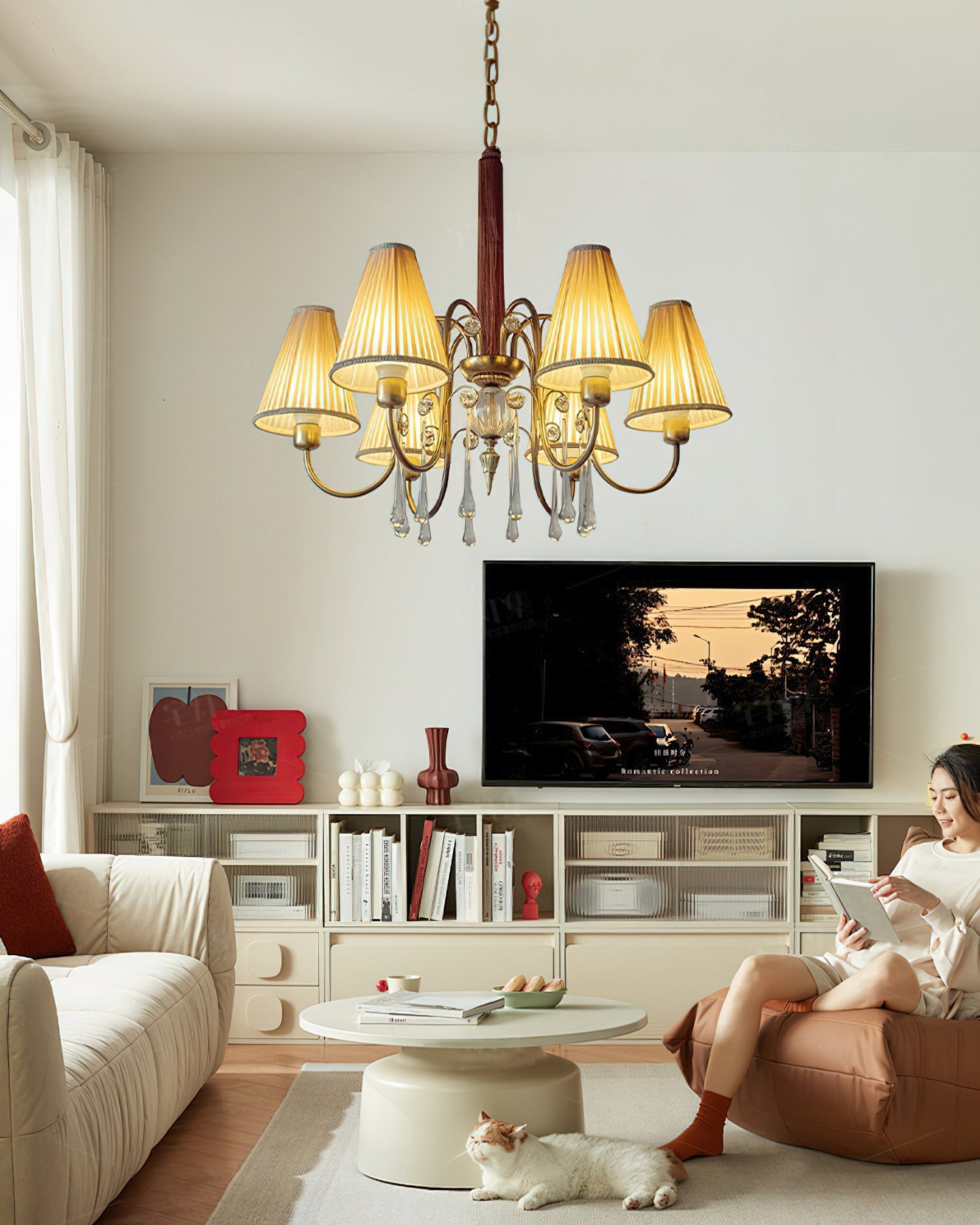 The chandelier shown with lights turned on, creating a warm ambient glow.