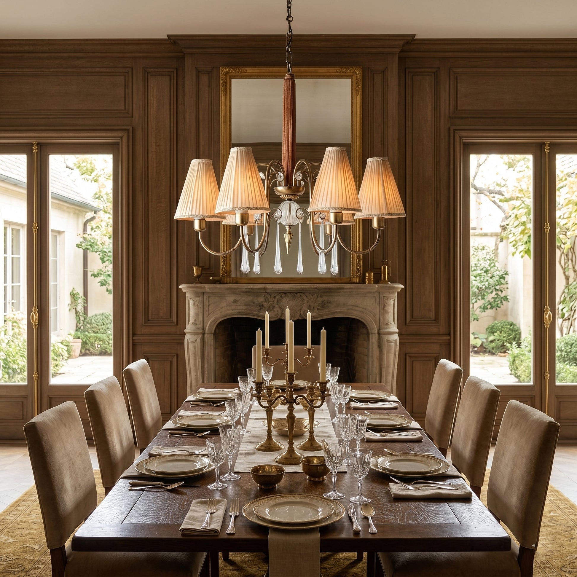 Angled view of the Chateaux chandelier, highlighting its metal armature and crystal details.