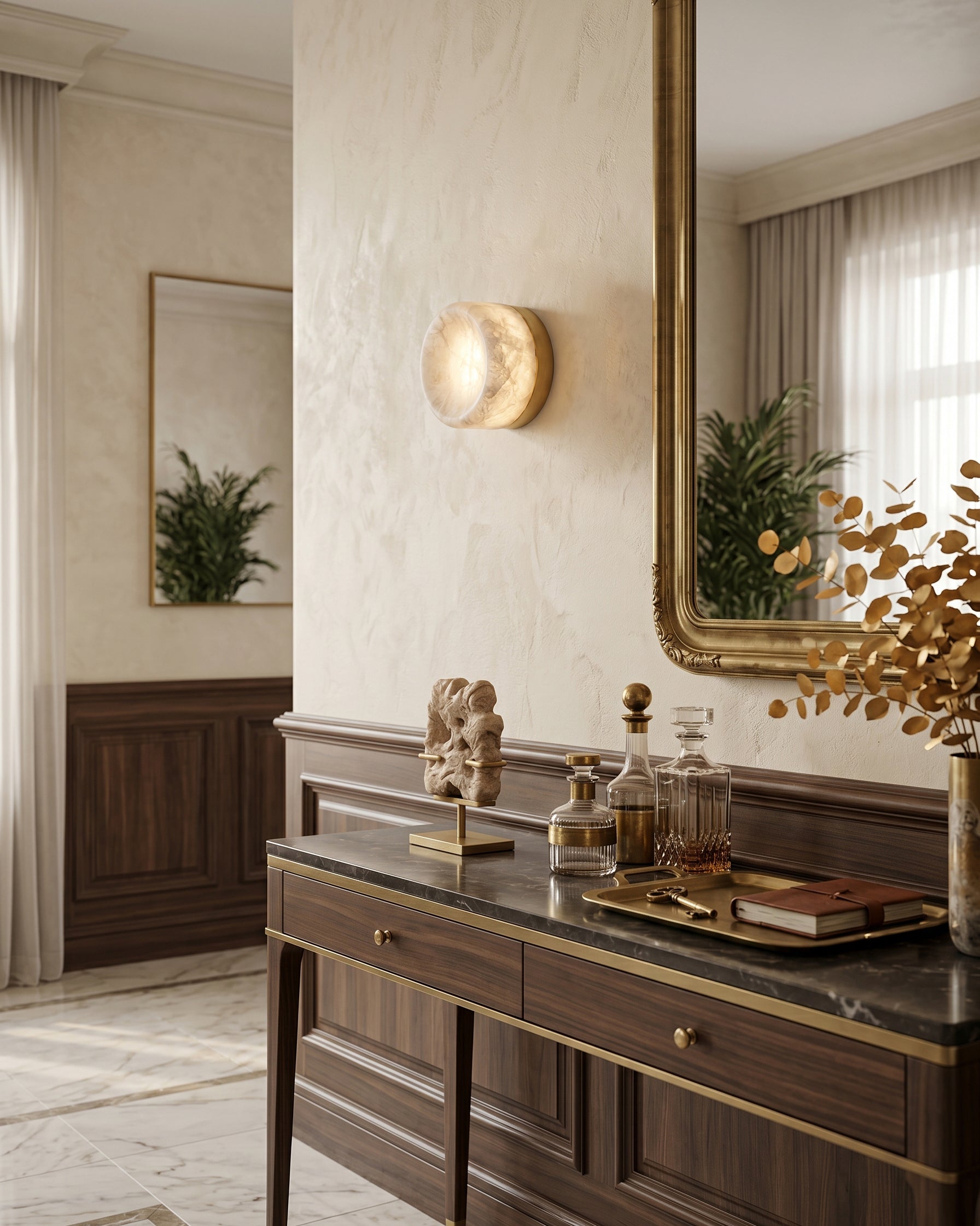 The sconce used as a vanity light in a contemporary powder room.