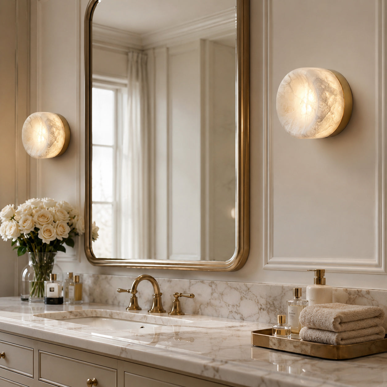 Side view of the alabaster wall sconce showing its low-profile design.