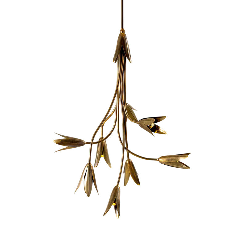 Product dimensions overlay on an image of the Evadne Brass Tulip Chandelier.