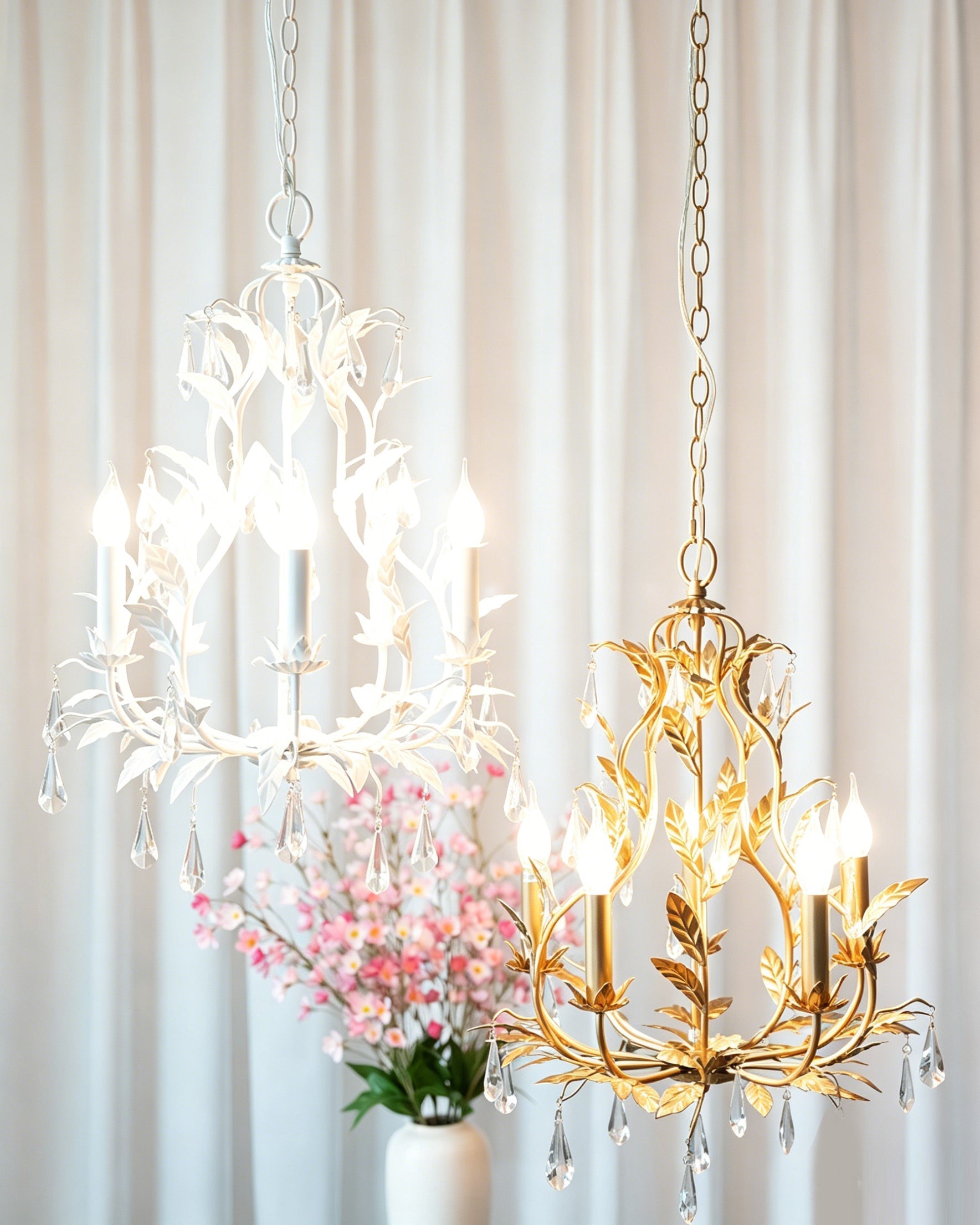 The Evie Chandelier illuminated in a romantic bedroom setting.
