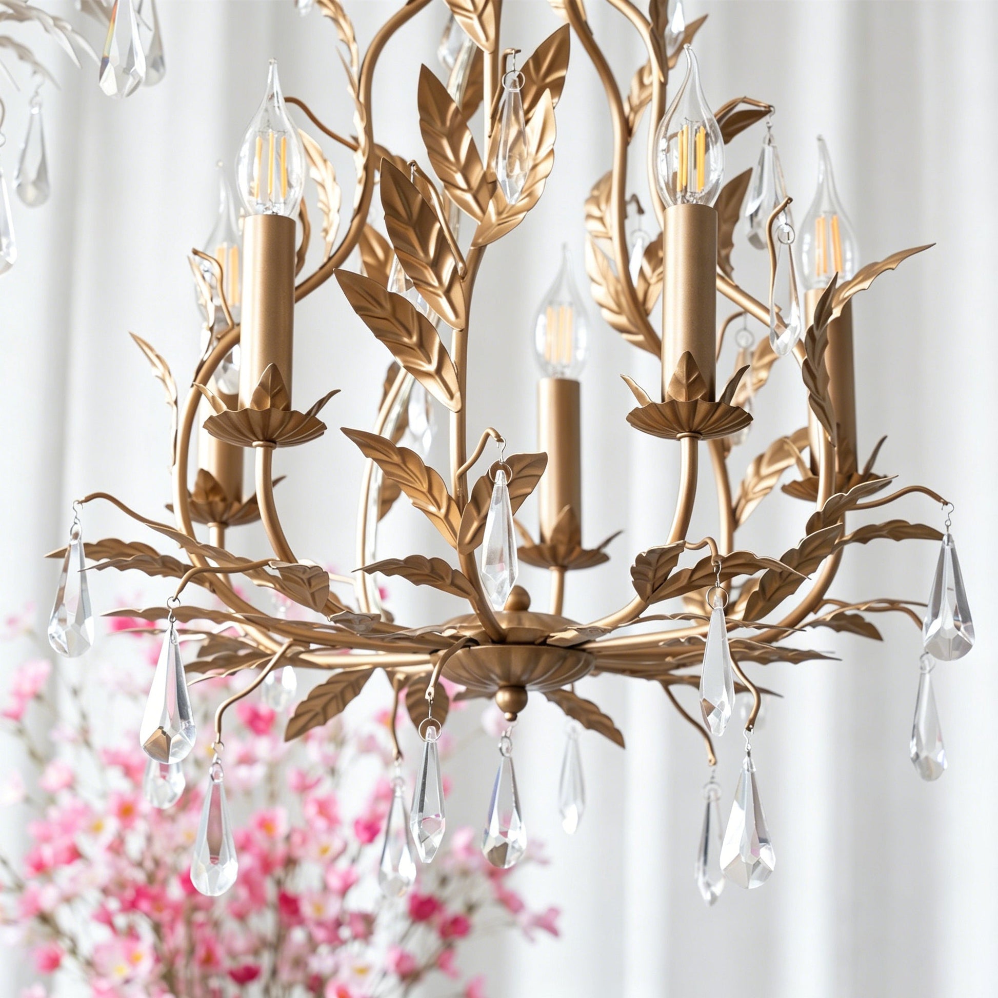 The chandelier shown with lights off to highlight its sculptural form.