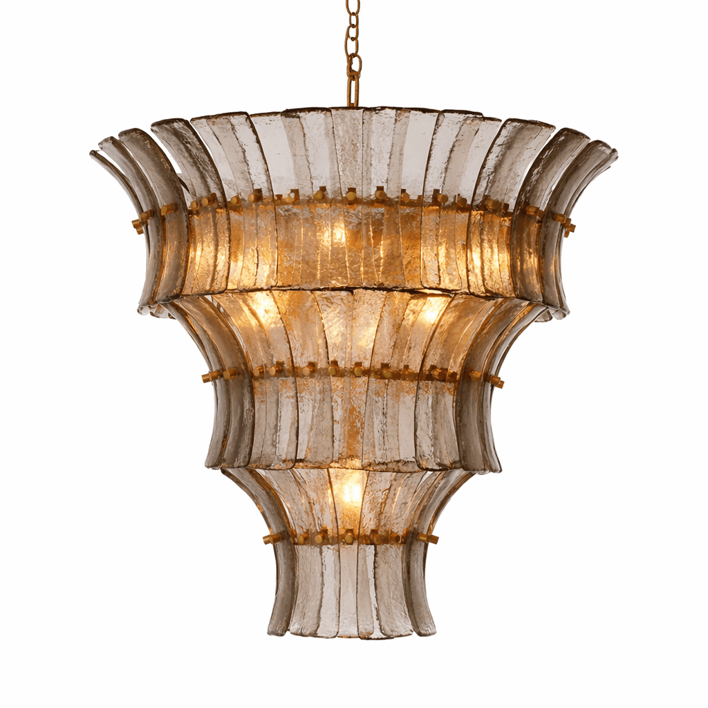 The chandelier's striking silhouette against a dark background.