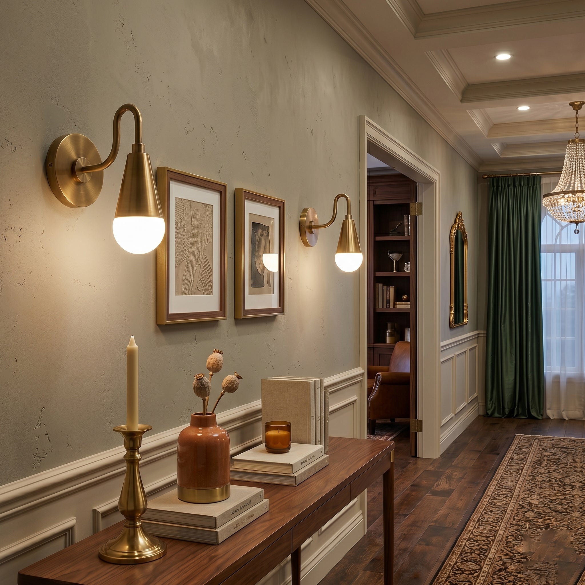 Harlan Gooseneck Sconce installed above a vanity in a modern bathroom.