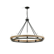 Hillsdale Wagon Wheel Chandelier in a rustic dining room.