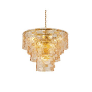 Jigsaw Glass Chandelier with tiered amber and clear glass panels.