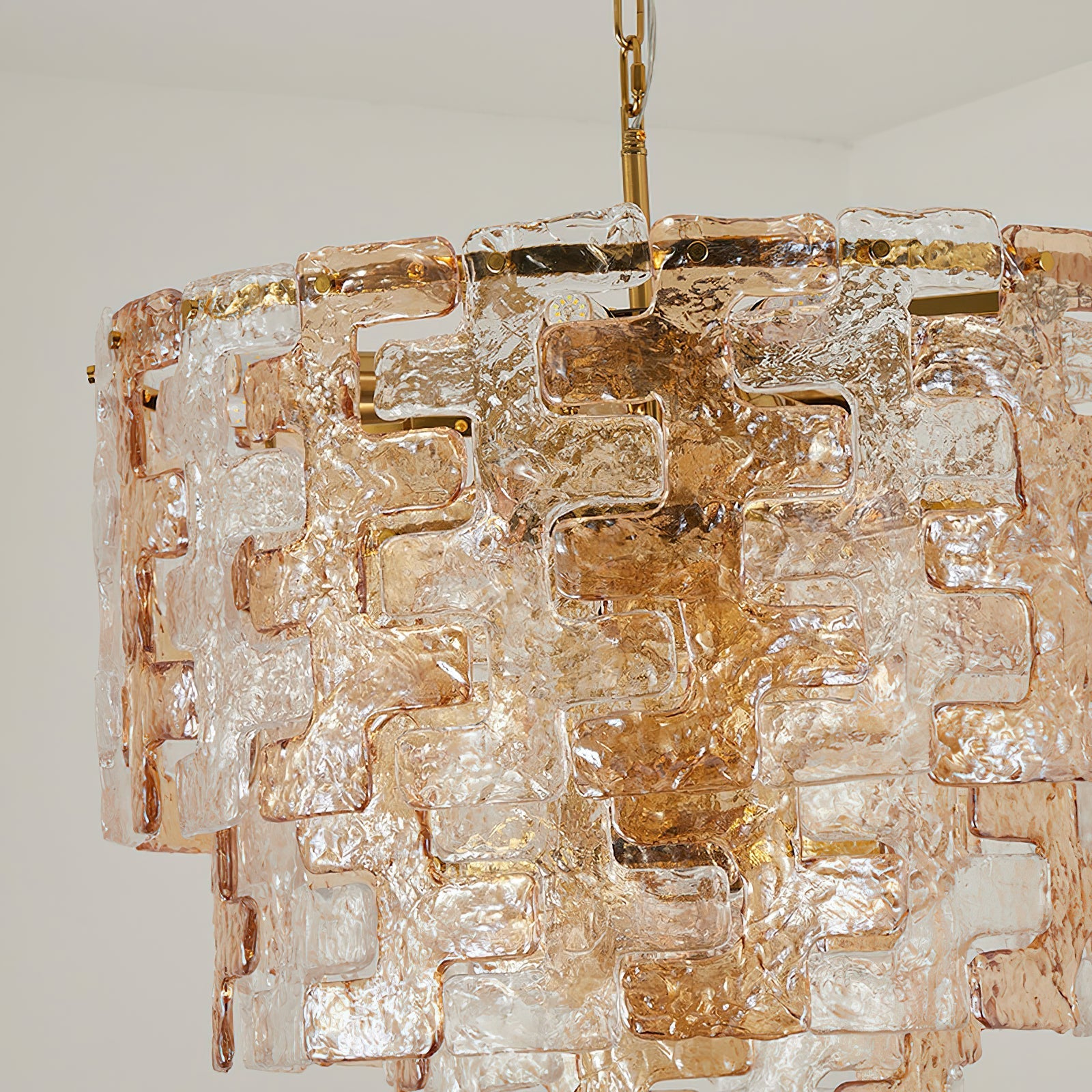 Angled view showcasing the multiple tiers of the Jigsaw Glass Chandelier.